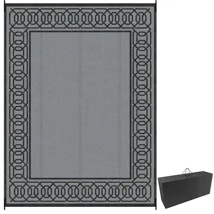Front. Outsunny - Outdoor Rug for Patio, 9' x 12' Waterproof Large Mat, Reversible Plastic Straw Rug for Decor - Black and Gray Border.