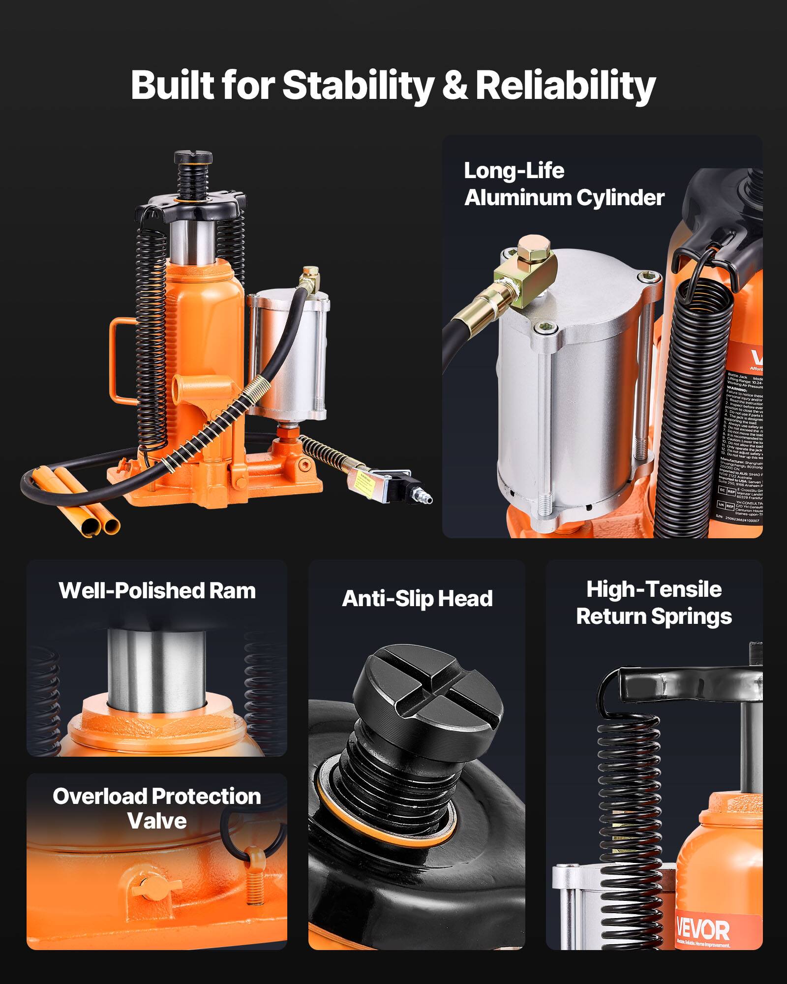 Built for Stability & Reliability

- Long-Life Aluminum Cylinder
- Well-Polished Ram
- Anti-Slip Head
- High-Tensile Return Springs
- Overload Protection Valve

VEVOR