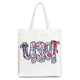 OrnamentallyYou - Floral USA Patriotic Canvas Tote Bag, 4th of July Gift Shopper for Stylish Women - White