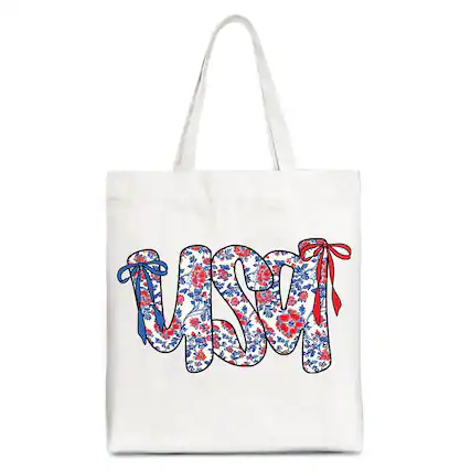 Front. OrnamentallyYou - Floral USA Patriotic Canvas Tote Bag, 4th of July Gift Shopper for Stylish Women - White.