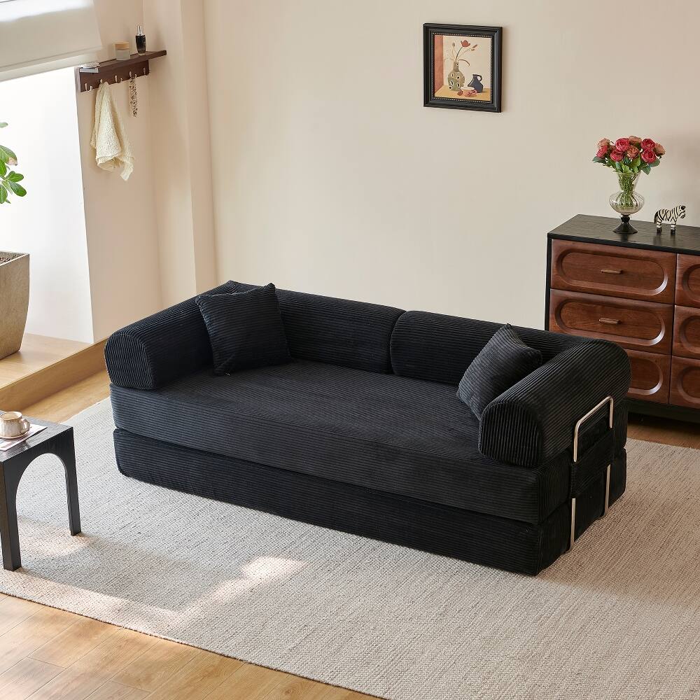 Back. Loheer - Loheer 78.8" Compression Sofa Convertible Floor Sofa Bed Black Corduroy Futon Couch Sleeper Modular Sectional Sofa - Black.