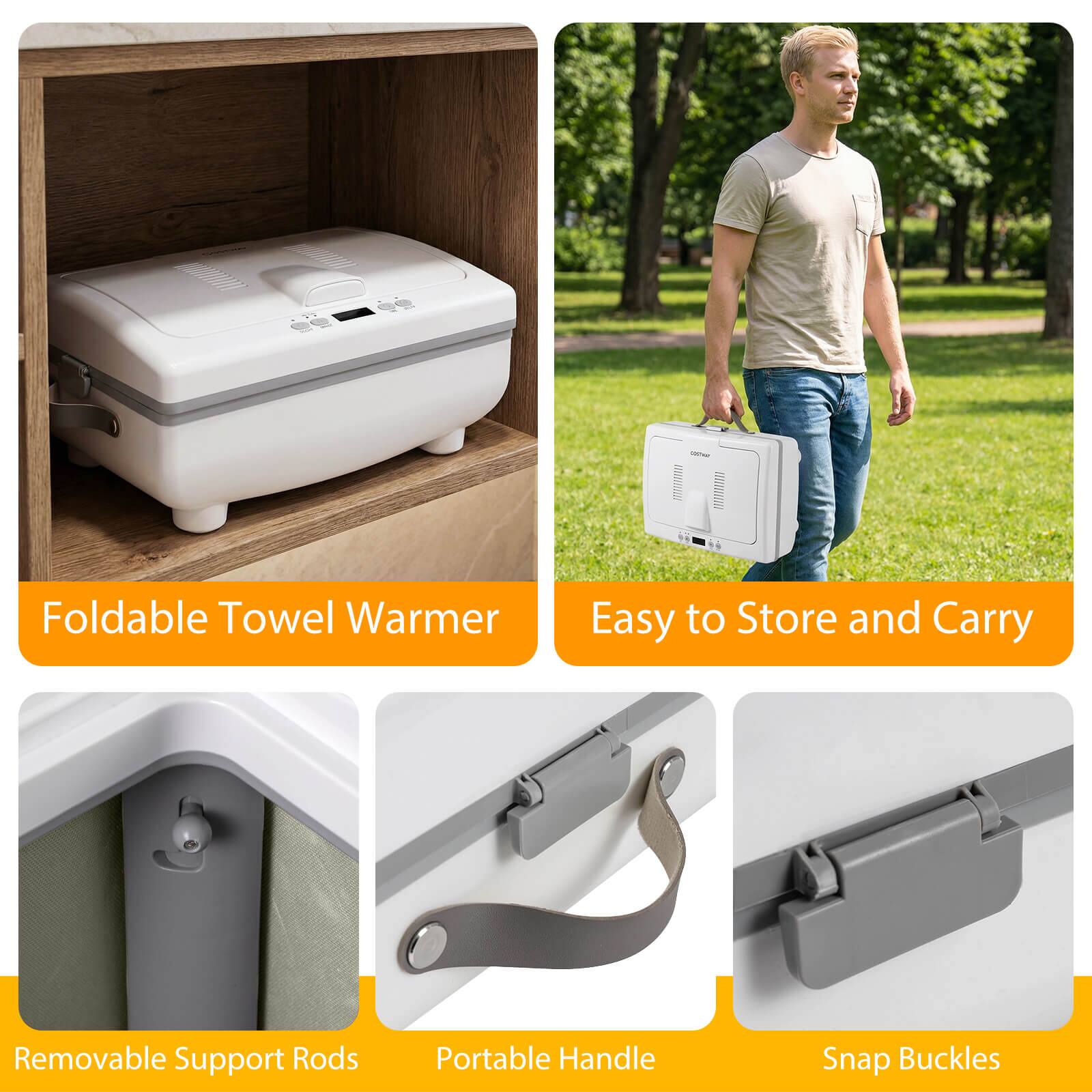 - Foldable Towel Warmer
- Easy to Store and Carry
- Removable Support Rods
- Portable Handle
- Snap Buckles