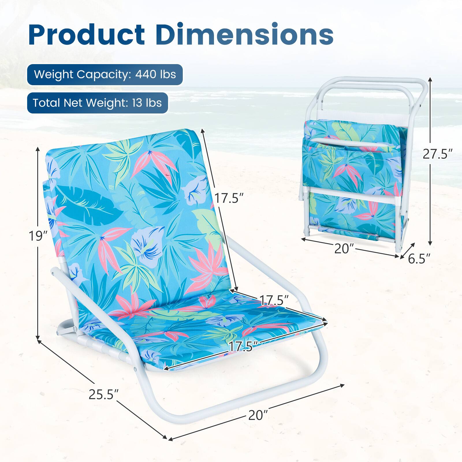 Product Dimensions  
Weight Capacity: 440 lbs  
Total Net Weight: 13 lbs  

Dimensions:  
- 27.5"  
- 19"  
- 17.5"  
- 20"  
- 6.5"  
- 17.5"  
- 17.5"  
- 25.5"  
- 20"
