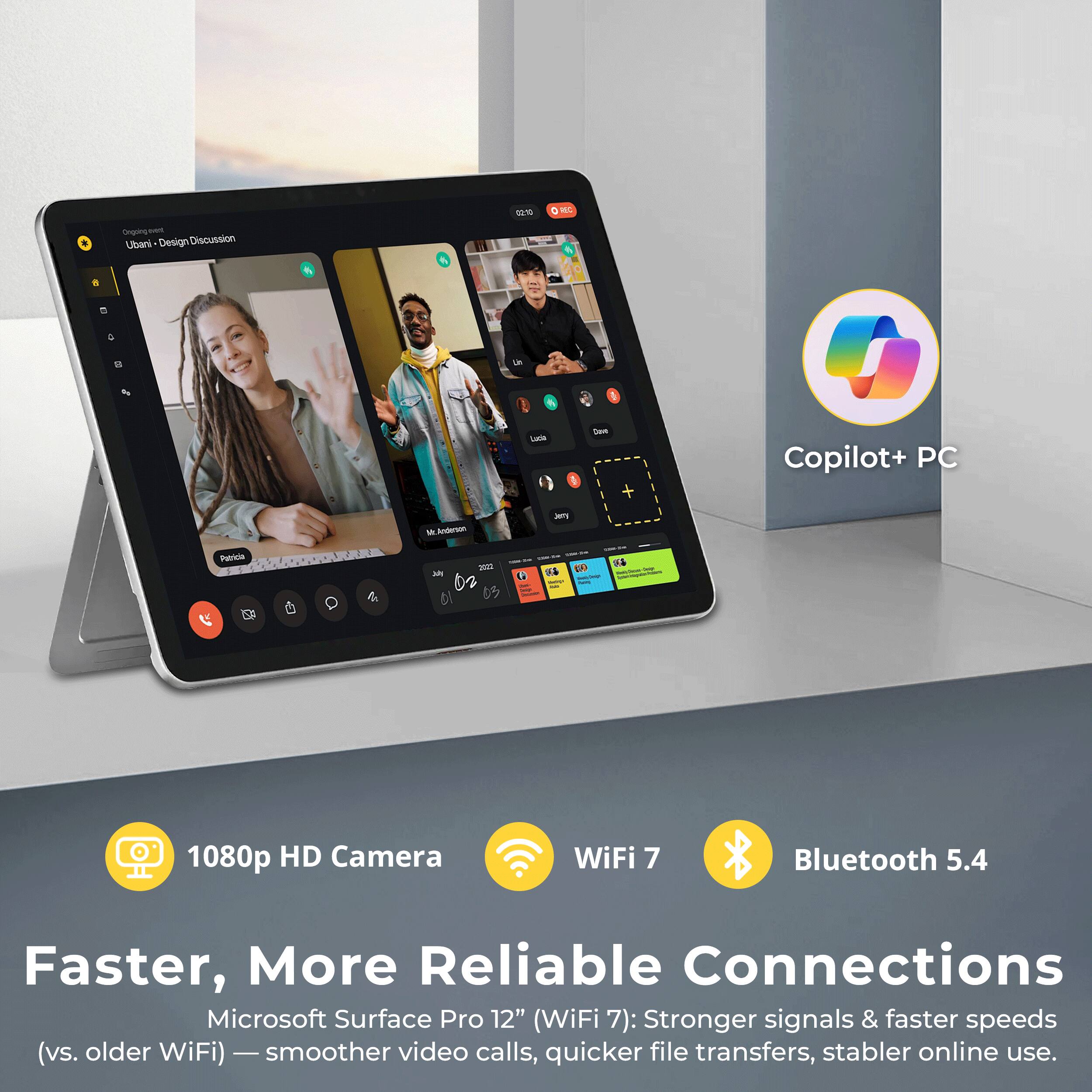 02:10  
REC  
Ongoing meet Ubani Design Discussion  
00 4g  
Dove Luce + Jerry Mr. Anderson Patricia COLOGARA - 2022 0% - July G hany 05  
0 Copilot+ PC  
1080p HD Camera  
WiFi 7  
Bluetooth 5.4  
Faster, More Reliable Connections  
Microsoft Surface Pro 12" (WiFi 7): Stronger signals & faster speeds (vs. older WiFi) - smoother video calls, quicker file transfers, stabler online use.