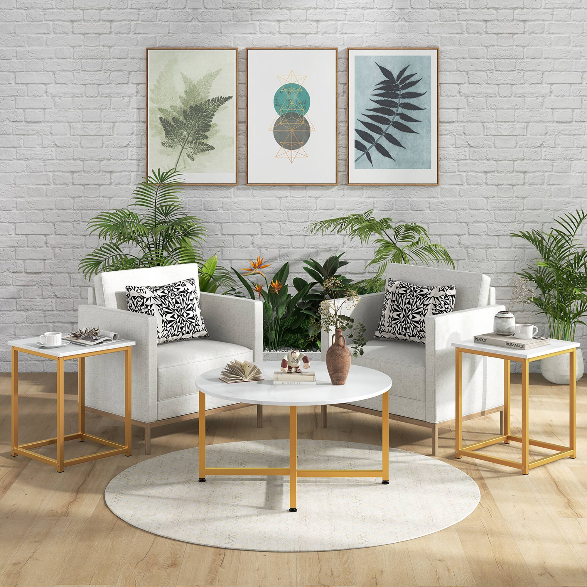 Alt View 3. Gymax - Gymax Round Nesting Table Set of 3 Modern/Farmhouse Coffee Table w/2 End Tables White & Gold - White, Gold.