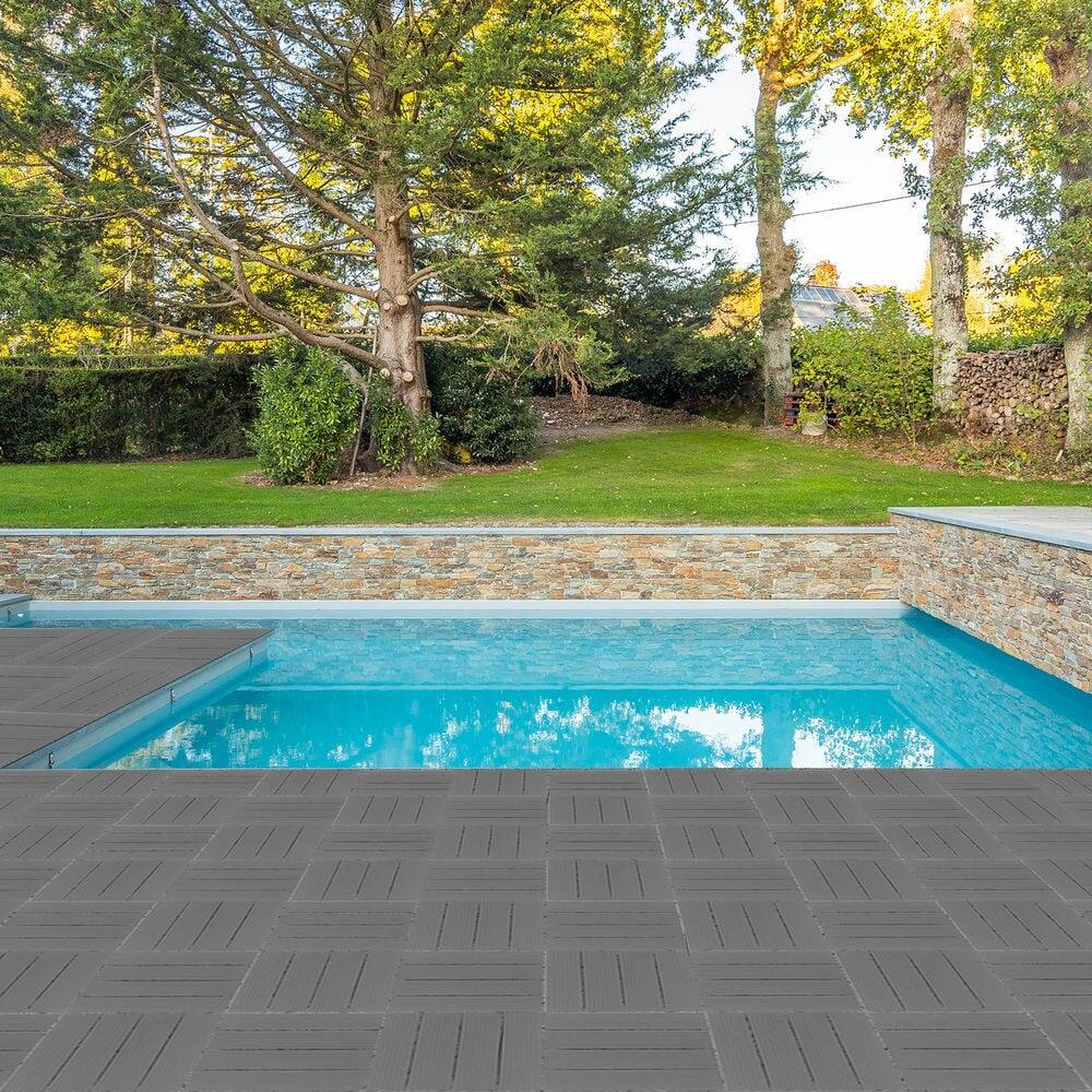 Back. Resenkos - Resenkos Plastic Deck Tiles, 27 Pack Of Interlocking Flooring, 11.8"x11.8" Water-Resistant Tiles, Dark Gray - Dark Gray.