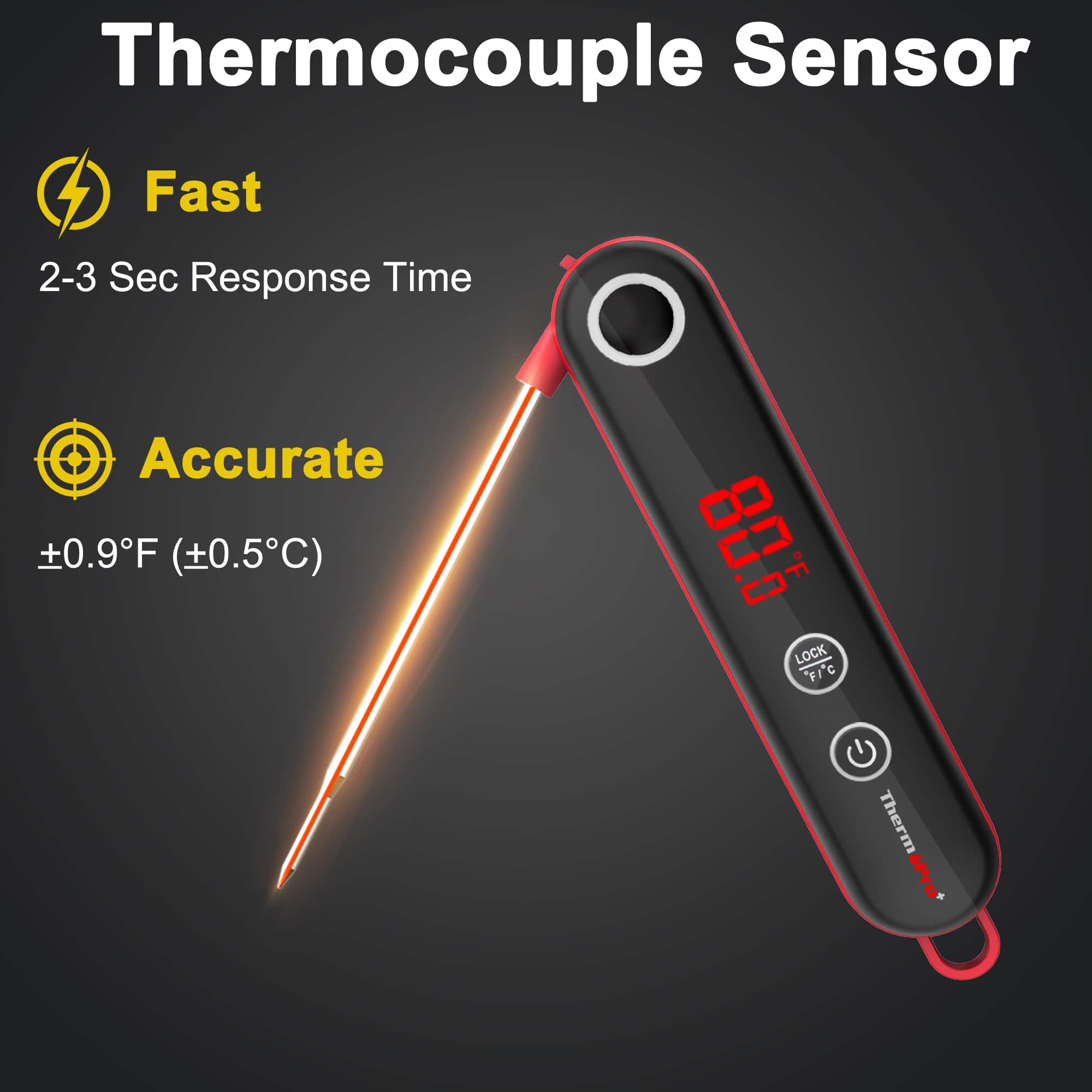 Thermocouple Sensor: Fast 2-3 Sec Response Time, Accurate +0.9F (0.5C) OU.0 LOCK *F/"C Therm Pro