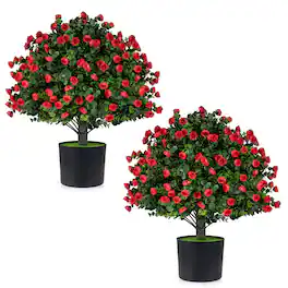 Gymax - 2 Pack Artificial Rose Topiary Ball Trees w/PP Cement-Filled Flowerpot for Home - Green