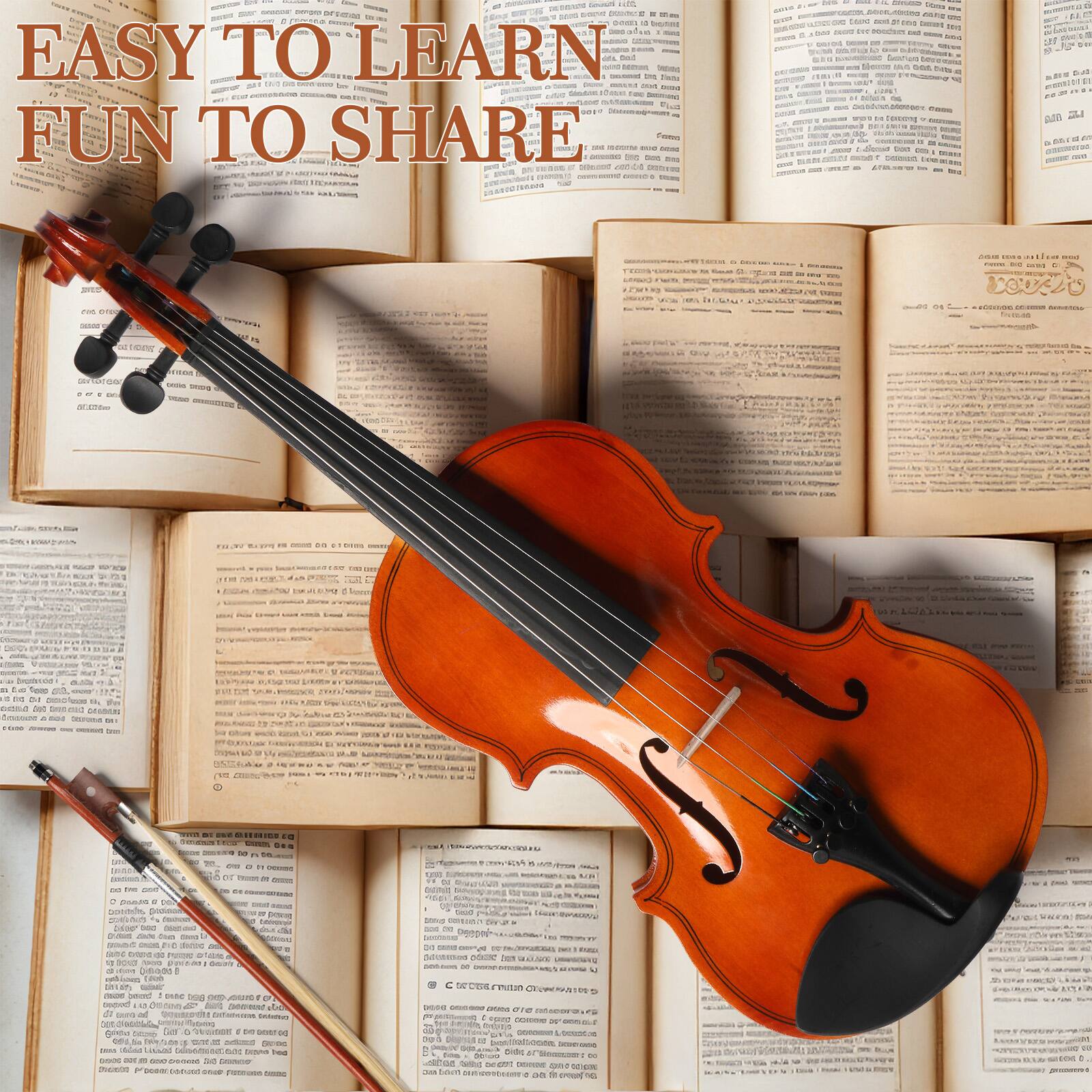 Back. Winado - 4/4 Natural Maple Wood Acoustic Violin Fiddle Set Row Rosin Gift.