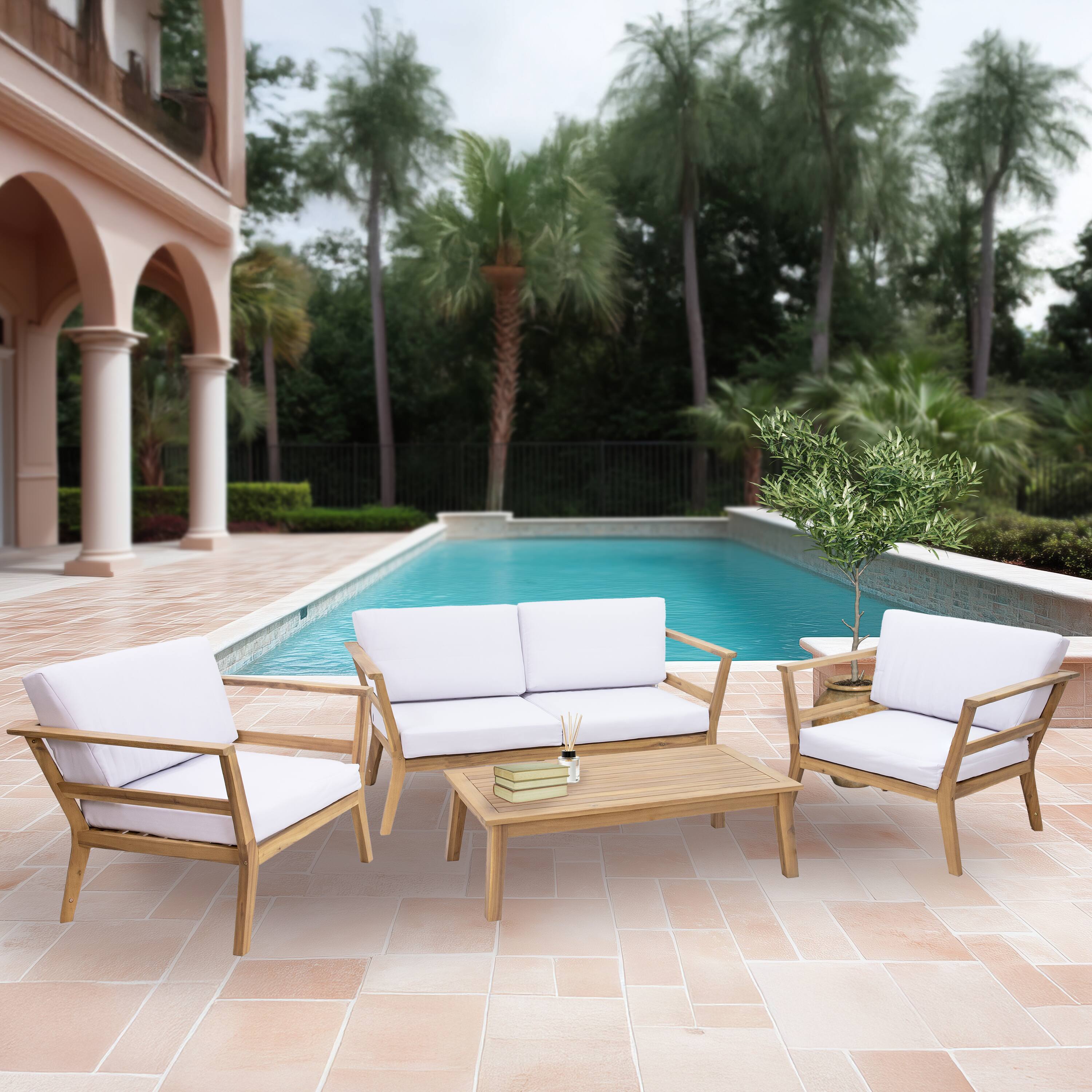 Alt View 5. Sunnydaze - Bodie Acacia Wood 4-Piece Patio Conversation Set - Natural/Bone White.