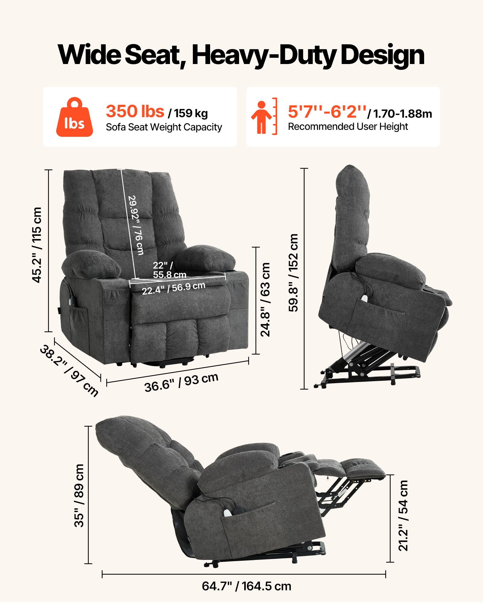 Wide Seat, Heavy-Duty Design

350 lbs / 159 kg  
Sofa Seat Weight Capacity

5'7" - 6'2" / 1.70-1.88m  
Recommended User Height

45.2" / 115 cm  
38.2" / 97 cm  
36.6" / 93 cm  
22.4" / 56.9 cm  
24.8" / 63 cm  
59.8" / 152 cm  
35" / 89 cm  
64.7" / 164.5 cm  
21.2" / 54 cm