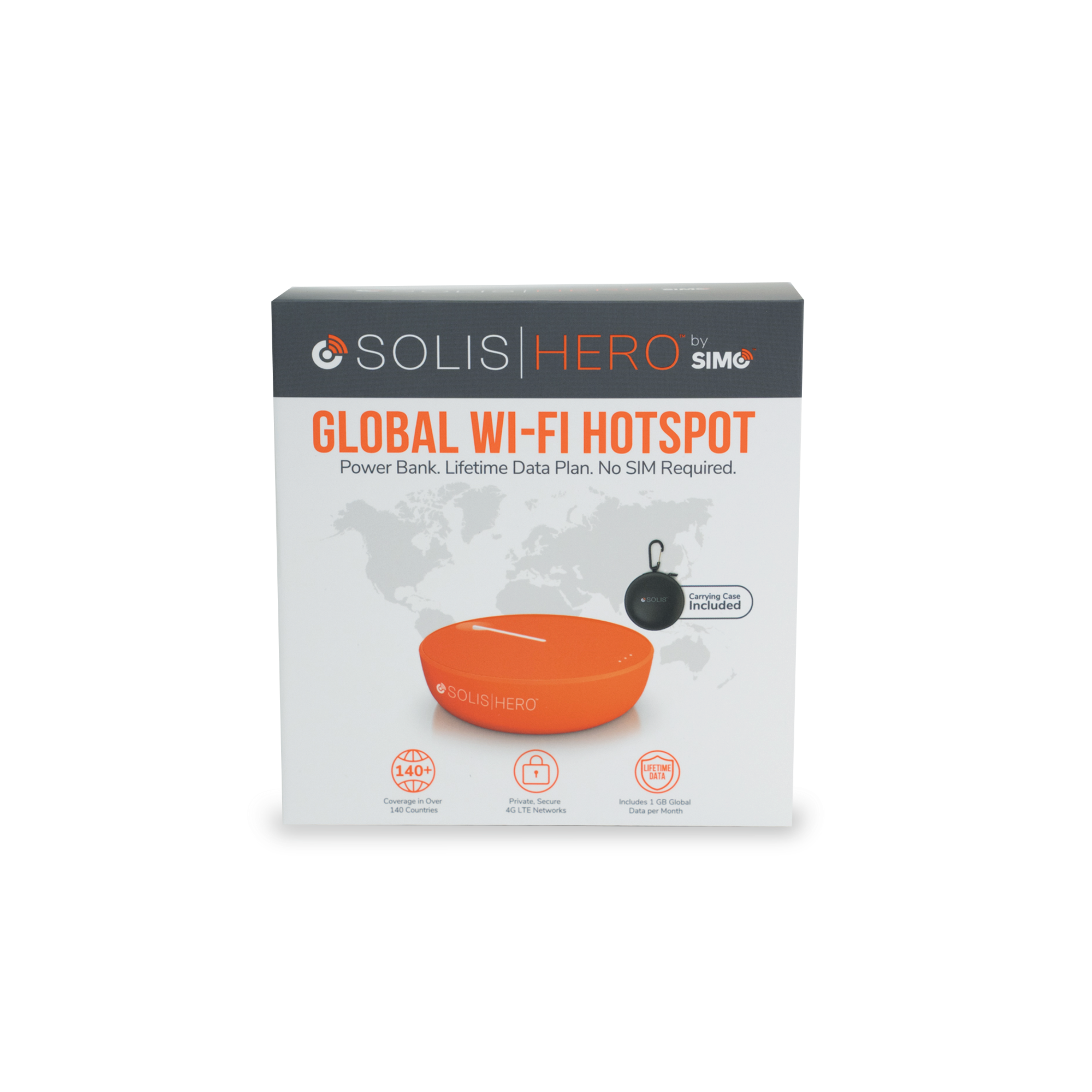 by SOLIS | HERO SIMO  
GLOBAL WI-FI HOTSPOT  
Power Bank. Lifetime Data Plan. No SIM Required.  
Carrpna Case Included  
SOLISHERO HERO 140+  
ika Coverau - I LAo - Private Secure - 2 inrtutes d - a Ceie - -  

140+ Countries  
Private Secure  
4G LTE Network  
Included 2 GB Global Data per Month