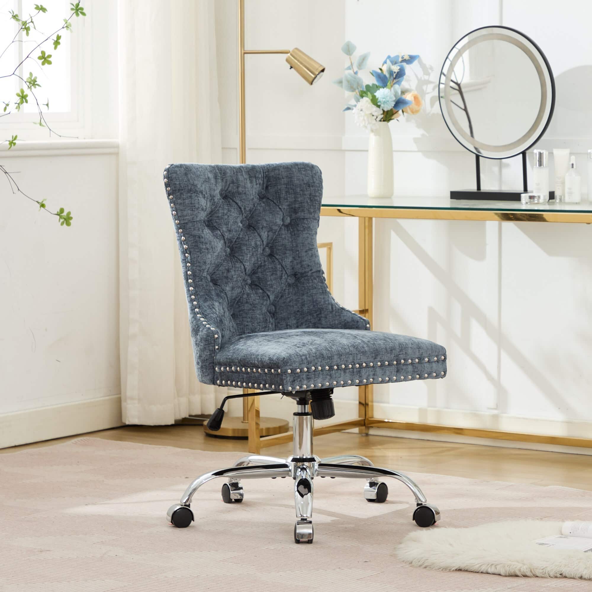 Trinkets Crazed - Home Office Chair with Wheels & Silver Base,Chenille Fabric Makeup Vanity Chair with Tufted Back, Swivel Desk Chair - Light Blue