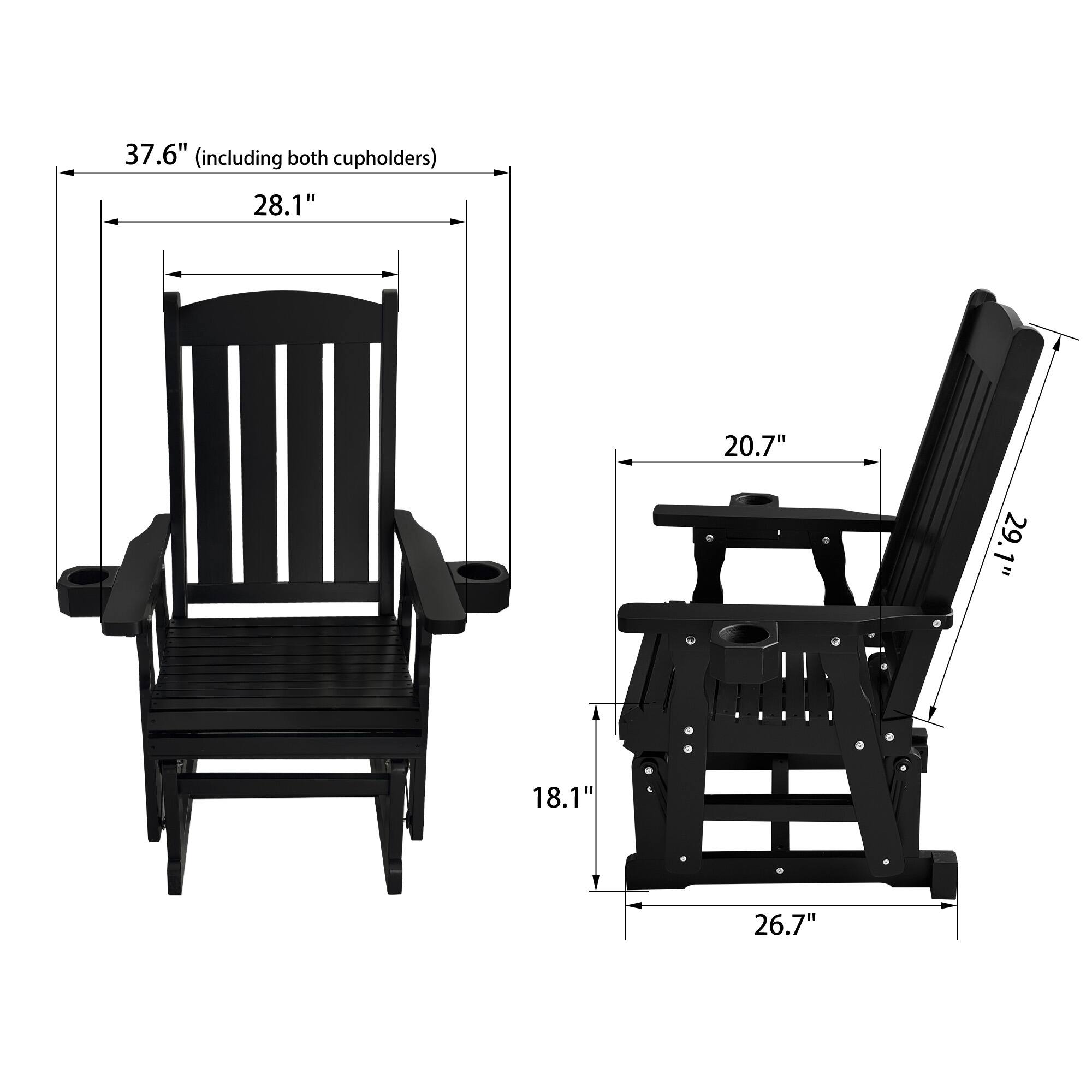 37.6" (including both cupholders)  
28.1"  
20.7"  
29.1"  
18.1"  
26.7"