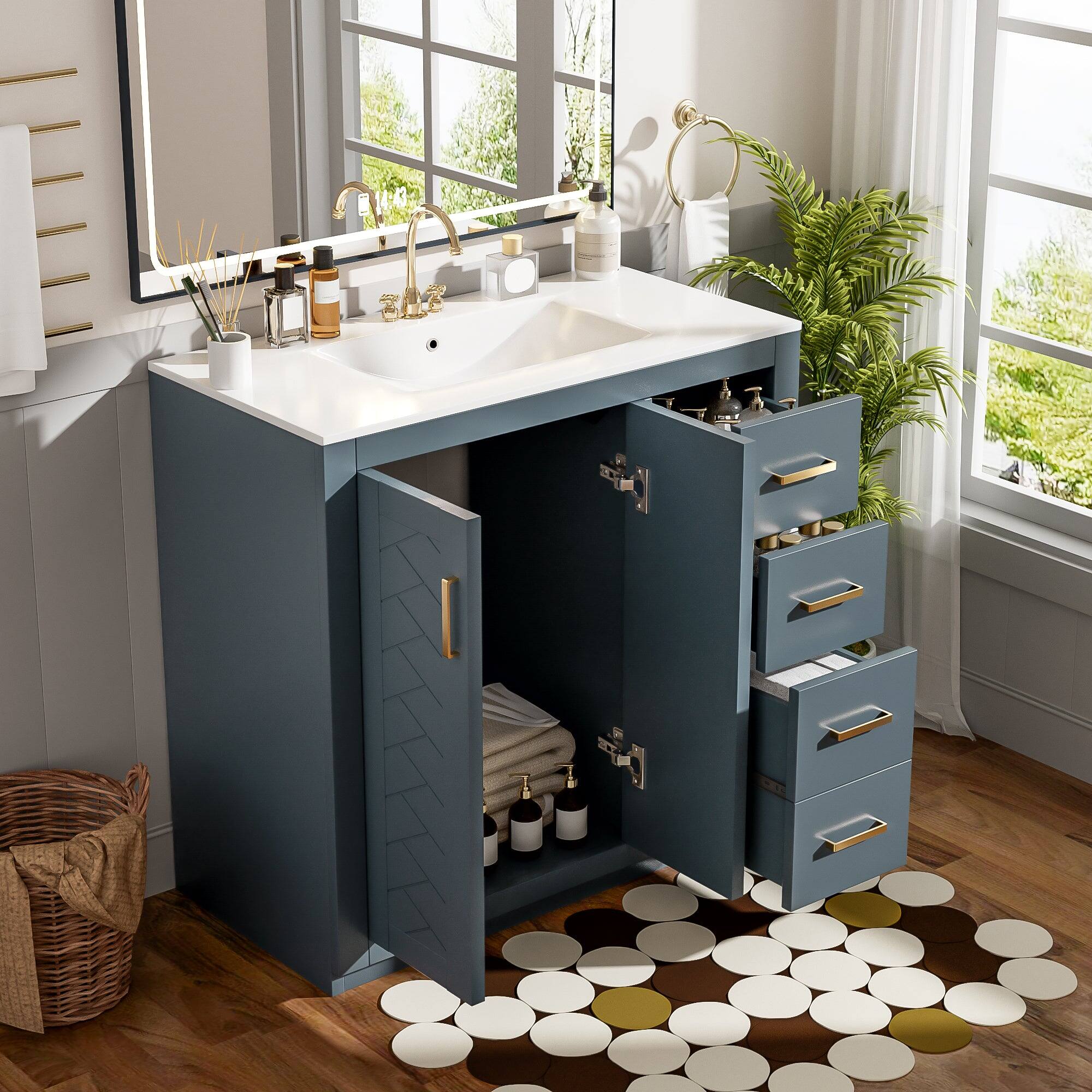 Alt View 5. Boyel Living - 36 Inch Solid Wood Bathroom Vanity with Ceramic Sink and Three Drawers Blue - Blue.