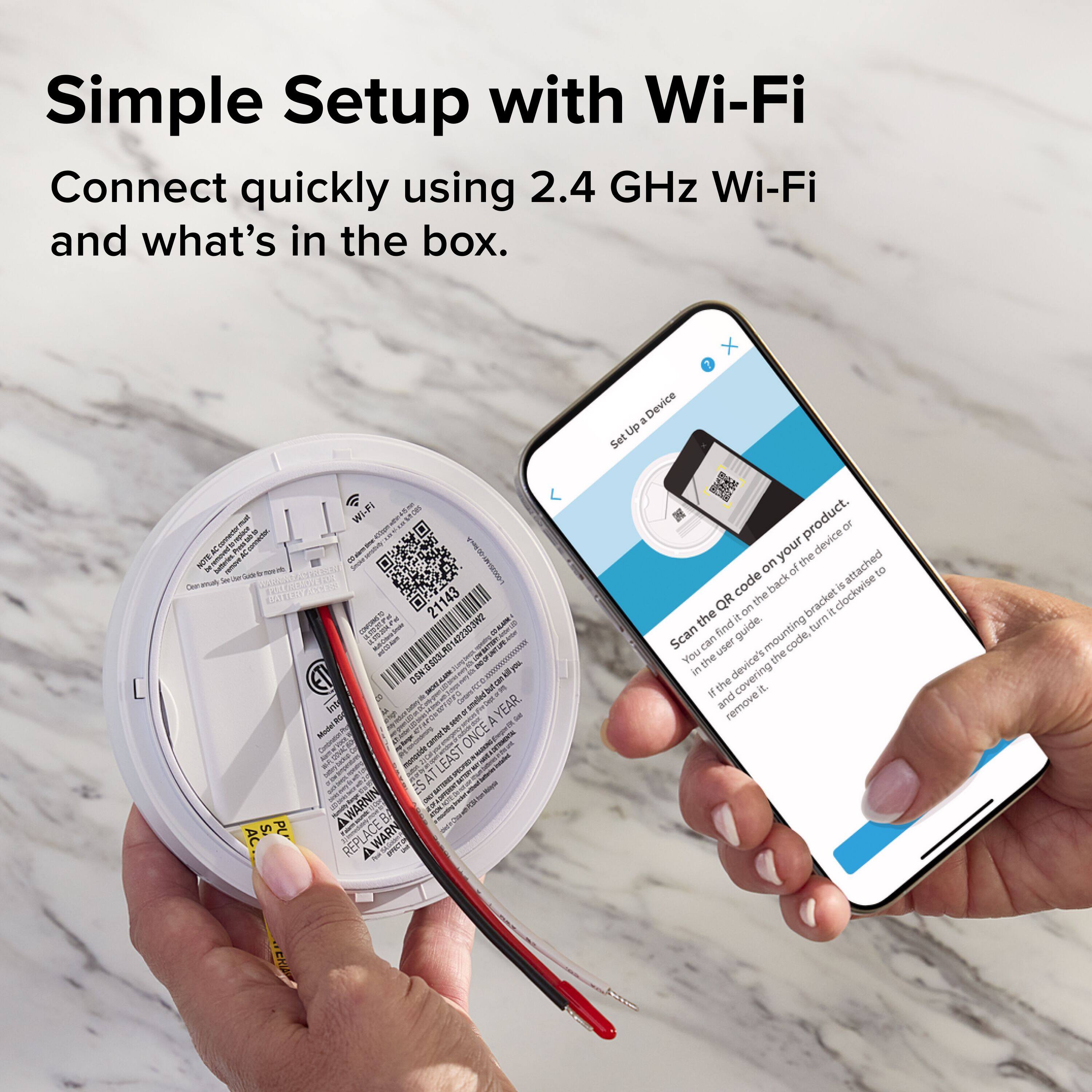Simple Setup with Wi-Fi  
Connect quickly using 2.4 GHz Wi-Fi and what's in the box.

Set Up 1 WI-FI  
- A230 - R2  
- EEEDICON 21143  
- Model M  
- ONCE A YEAR  
- REPLACE  
- WARNING  
- LEAST ST  
- PL  
- AWARNIN  
- REPL  
- product.  
- device  
- the on of attached to code back t  
- clockwise s QR the bracket the on it find guide.  
- mounting turn  
- Scan can uner code, You the the in If the covering and remove.it.