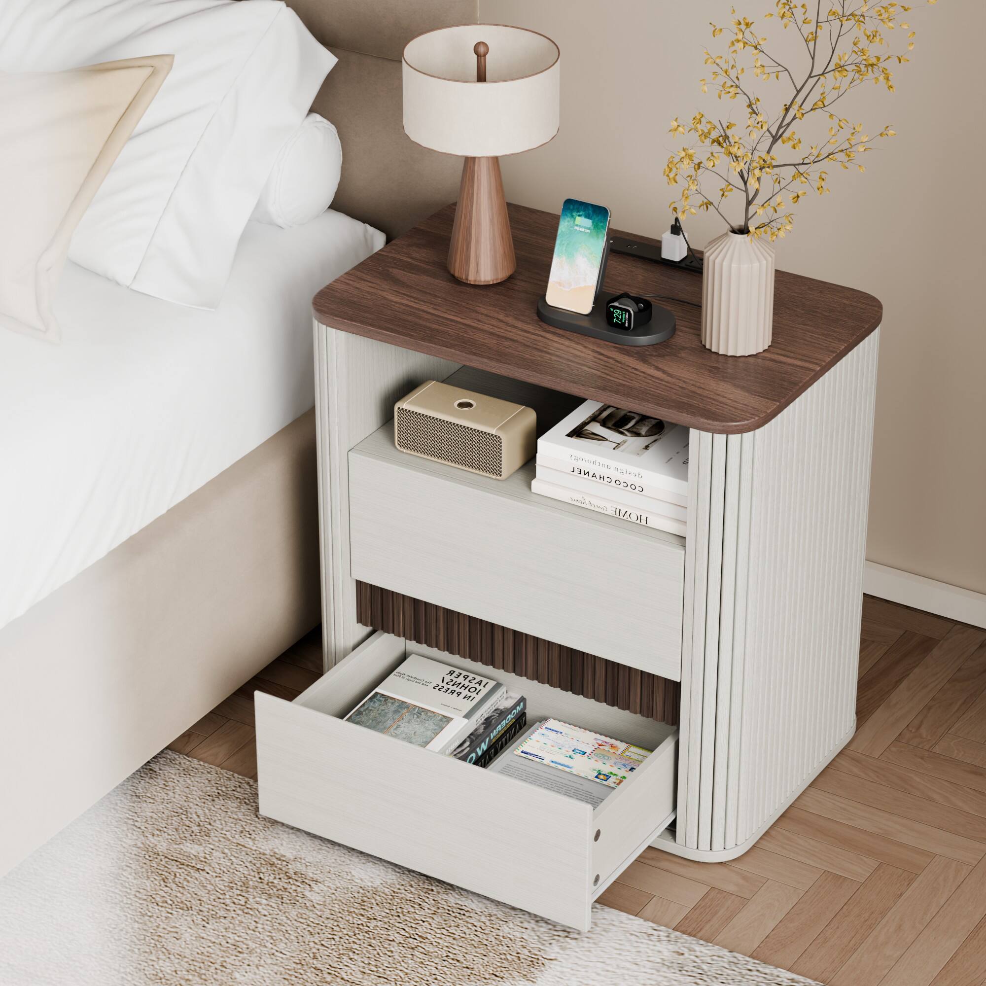 Furnulem Nightstand Charging Station 2 Drawers Roller Blind Design ...