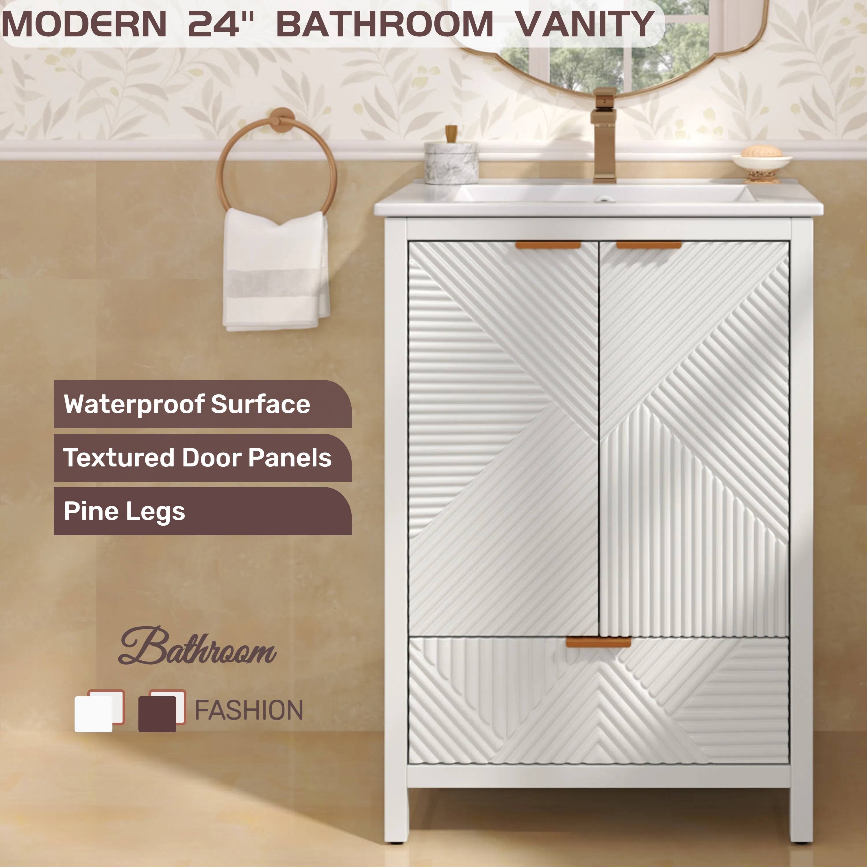 MODERN 24" BATHROOM VANITY

Waterproof Surface  
Textured Door Panels  
Pine Legs  

Bathroom FASHION