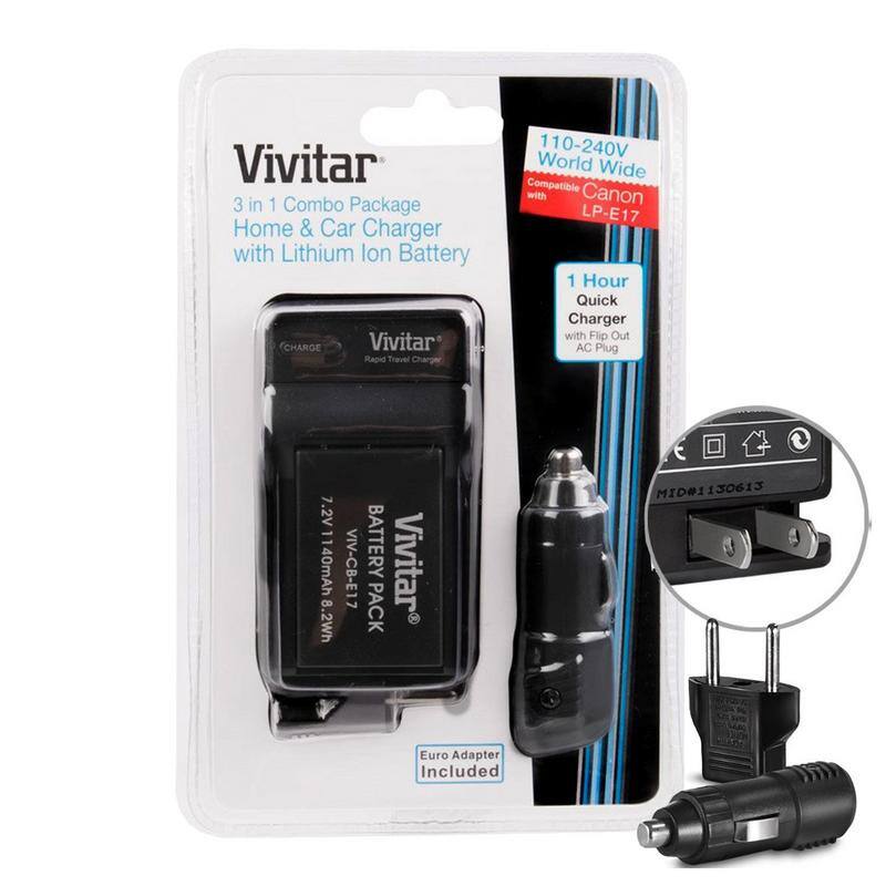 Vivitar 3 in 1 Combo Package  
Home & Car Charger with Lithium Ion Battery  
110-240V World Wide Compatible with Canon LP-E17  
1 Hour Quick Charger with Flip Out AC Plug  
7.2V - 140mAh 8.2Wh  
VIV-CB-E17  
Battery Pack MID#1 130613  
Euro Adapter Included