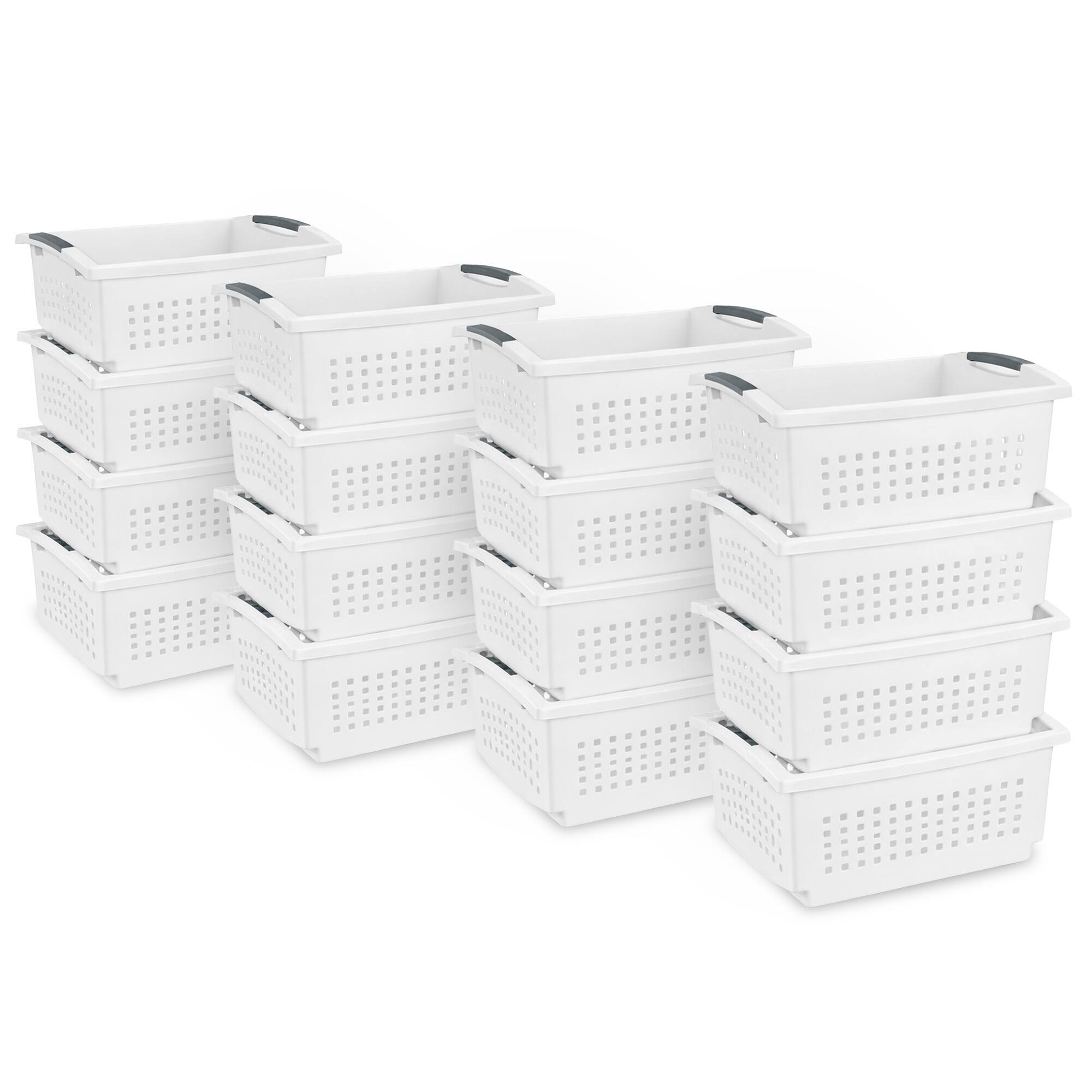 Front. Sterilite - Sterilite Large Stacking Basket, Open Top Storage Bin w/ Handles, 16 Pack, White.