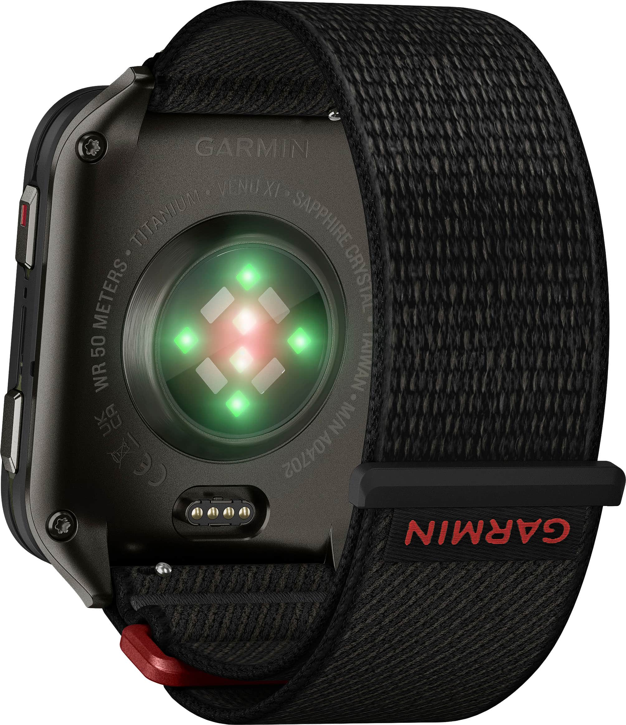 The text on the image reads: "GARMIN VENUXI TITANIUM SAPPHIRE METERS CRYSTAL AL 50 WR TAIWAN M/N CLE I (A04702) GARMIN."