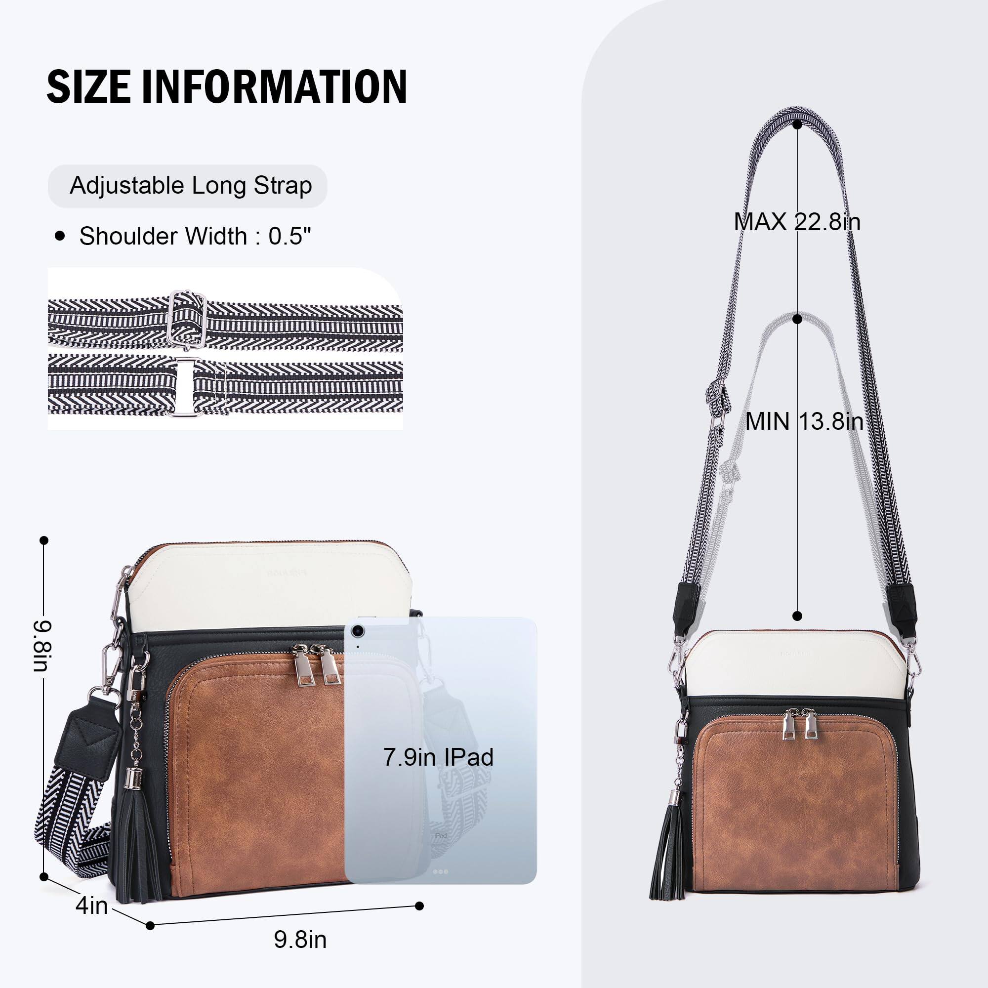 **SIZE INFORMATION**

- **Adjustable Long Strap**
  - Shoulder Width: 0.5"

- **Dimensions**
  - MAX 22.8in
  - MIN 13.8in

- **Bag Dimensions**
  - 9.8in (height)
  - 9.8in (width)
  - 4in (depth)

- **iPad Compatibility**
  - 7.9in iPad