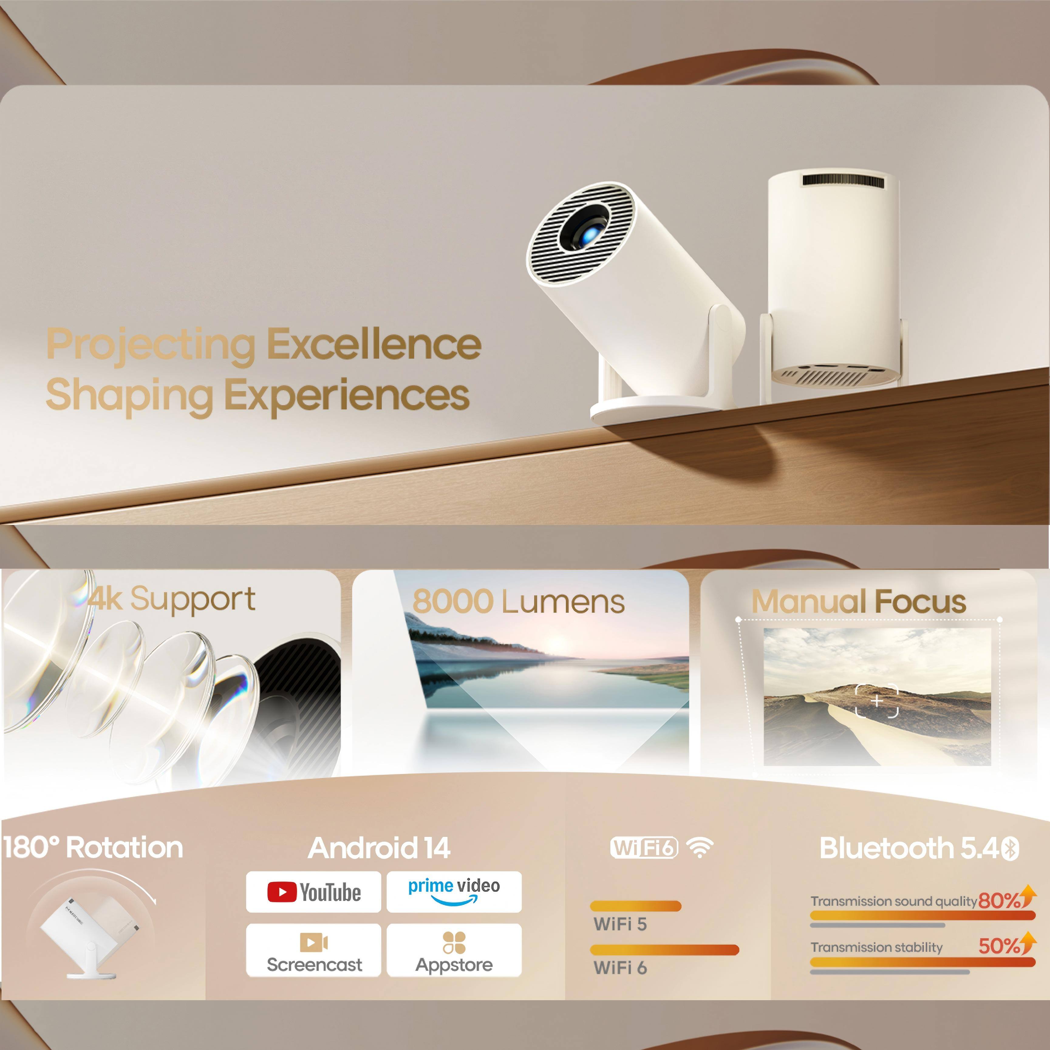 Projecting Excellence Shaping Experiences

4k Support
8000 Lumens
Manual Focus
180° Rotation
Android 14
YouTube
prime video
Screencast
Appstore
WiFi 6
WiFi 5
WiFi 6
Bluetooth 5.4

Transmission sound quality 80%
Transmission stability 50%