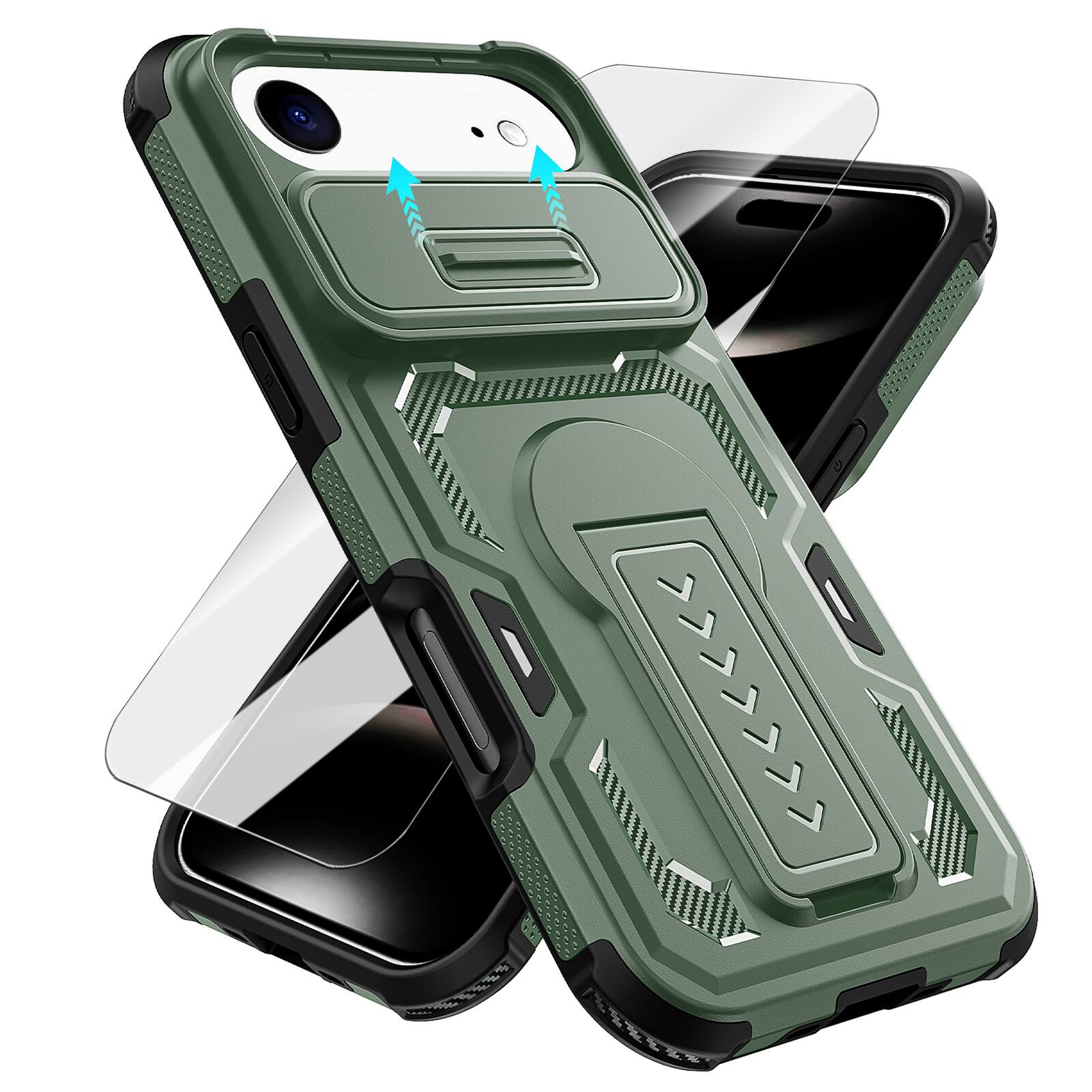 Front. Dteck - Rugged Stand Case for Apple iPhone Air,Shockproof Heavy Duty Cover With Sliding Lens Cover+Tempered Glass Flim - Green.