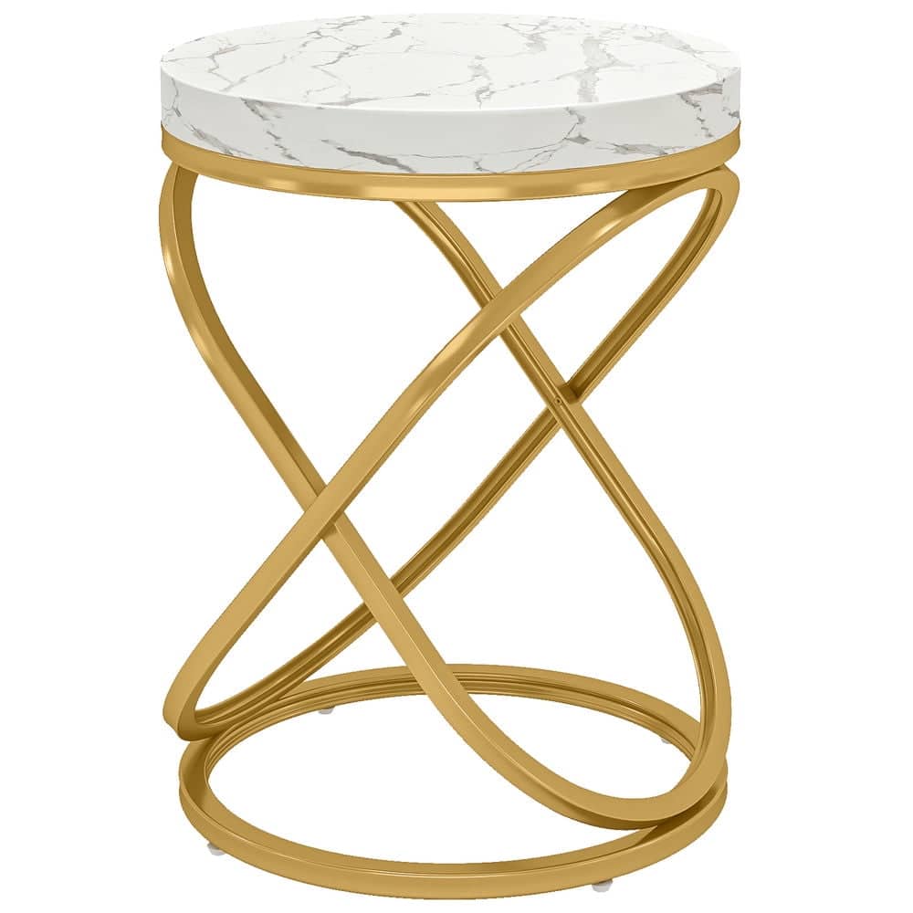 Resenkos - Kadyn Sofa Side End Table,Couch Table,Round 26" Tall Sofa Side Table with Faux Marble Top, Gold - White