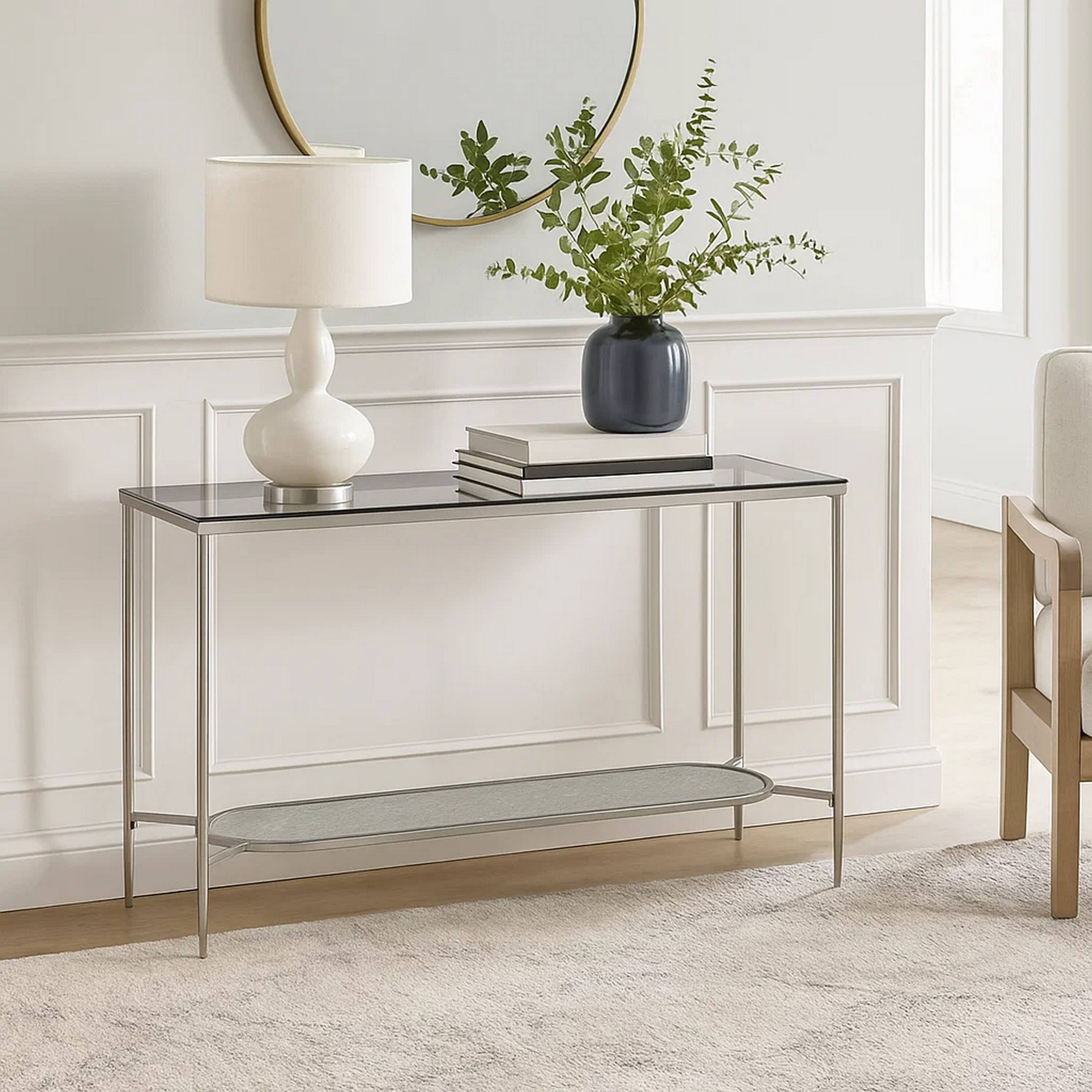 Alt View 5. Manhattan Lane - Sofa Table with Textured Obround Shelf - Silver.