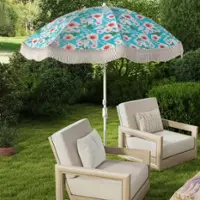 Costway 6.5 FT Outdoor Fringe Patio Umbrella with Carrying Bag Push Button Tilt for Garden - Green - Front_Zoom