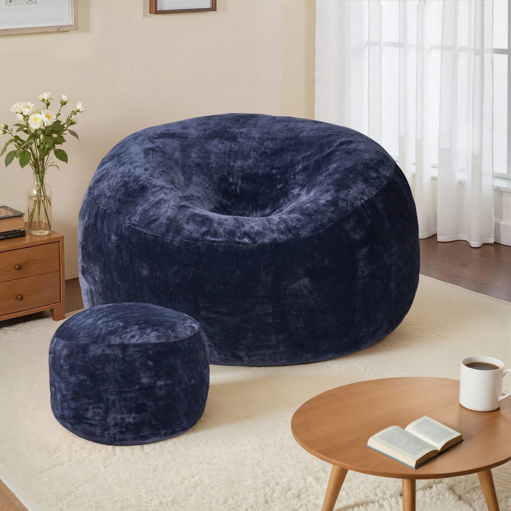 Ovios - 59" Big Bean Bag Chair with Removable Cover & Ottoman for Living Room Bedroom - Blue(Velvet)