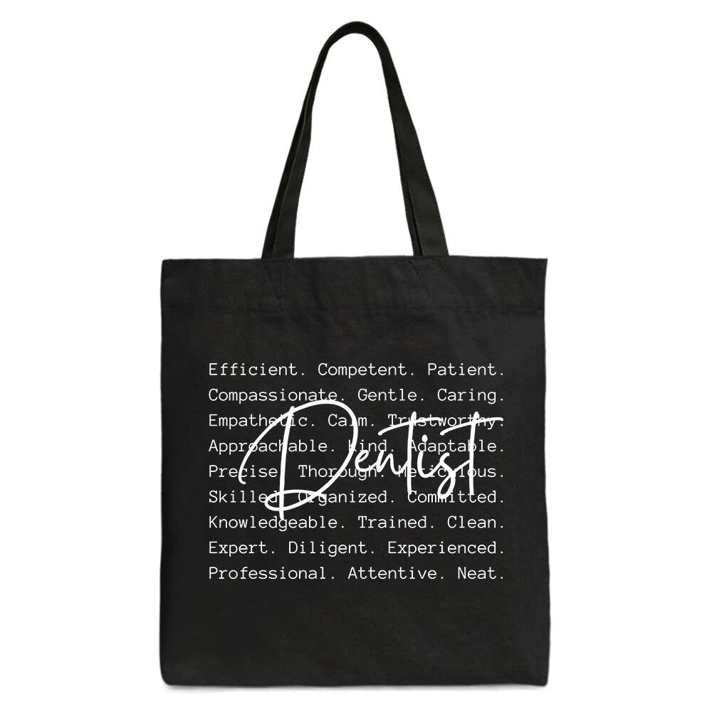 OrnamentallyYou - Dentist Definition Canvas Tote Bag, Dental Appreciation Words Gift Shopper - Black