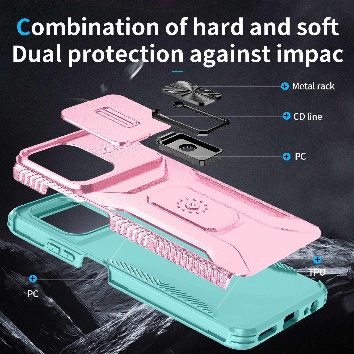 Combination of hard and soft  
Dual protection against impact  
- Metal rack  
- CD line  
- PC  
- TPU  
- PC