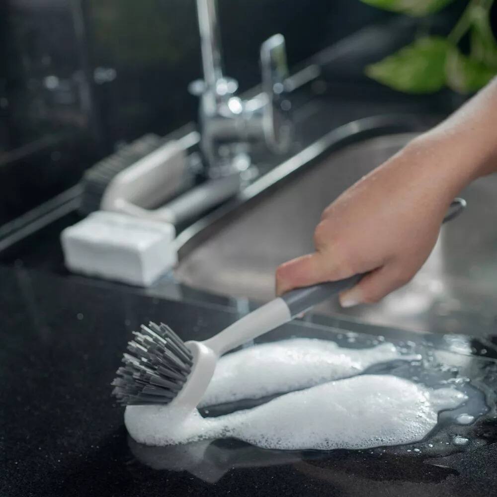 Left. OU - OU Cleaning Scrub Brush, Heavy Duty Cleaning Scrubber Brush for Bathroom & Kitchen, Built-In Scraper.