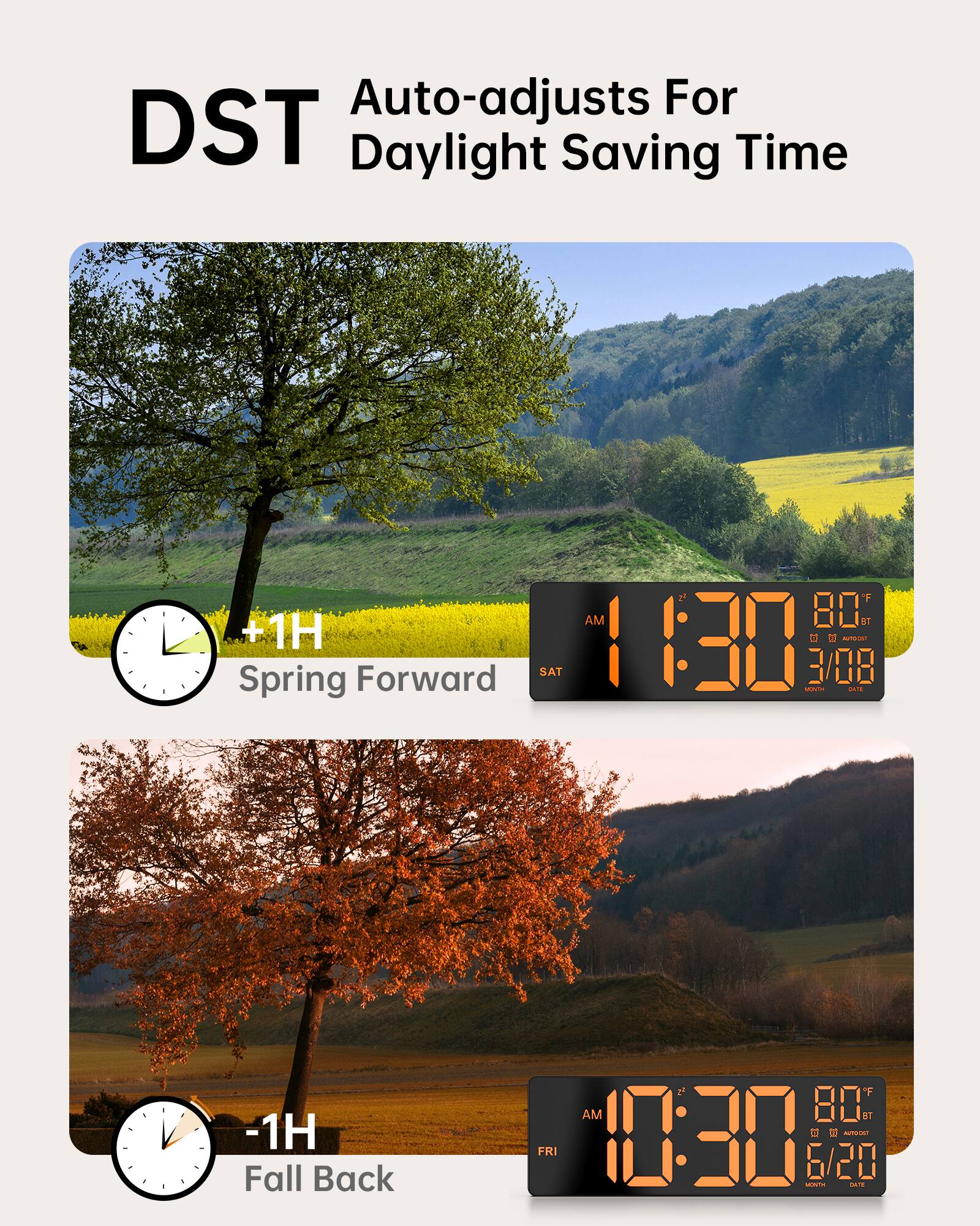 DST
Auto-adjusts For Daylight Saving Time
+1H
Spring Forward
-1H
Fall Back