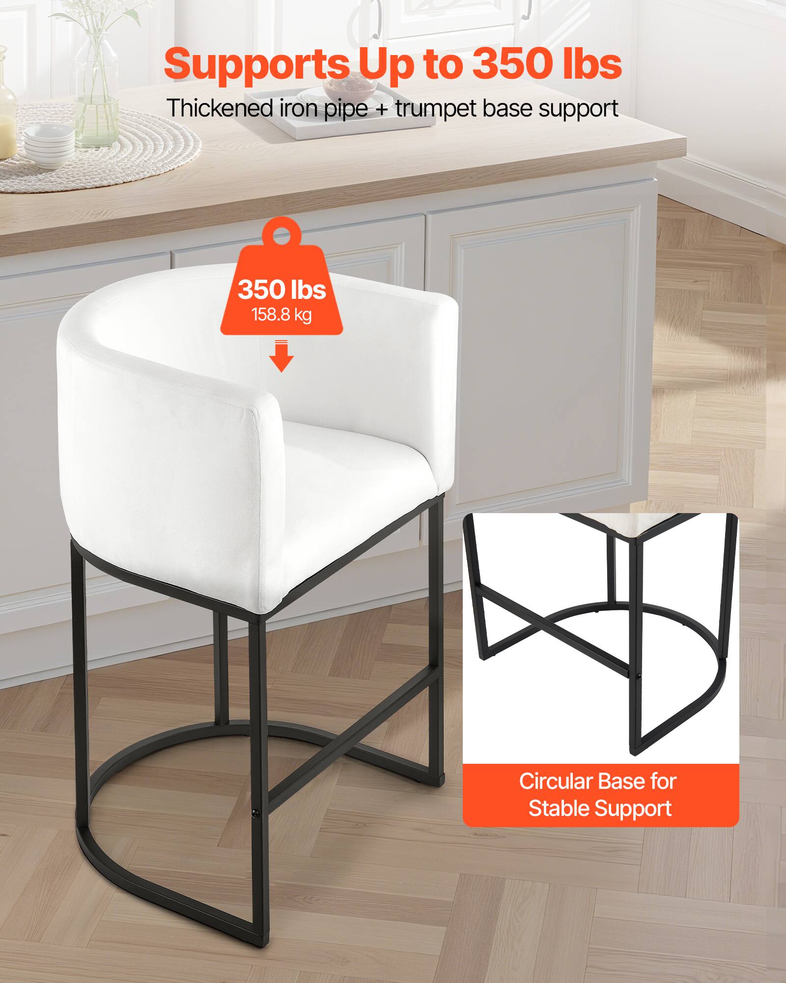 Supports Up to 350 lbs  
Thickened iron pipe + trumpet base support  

350 lbs  
158.8 kg  

Circular Base for Stable Support