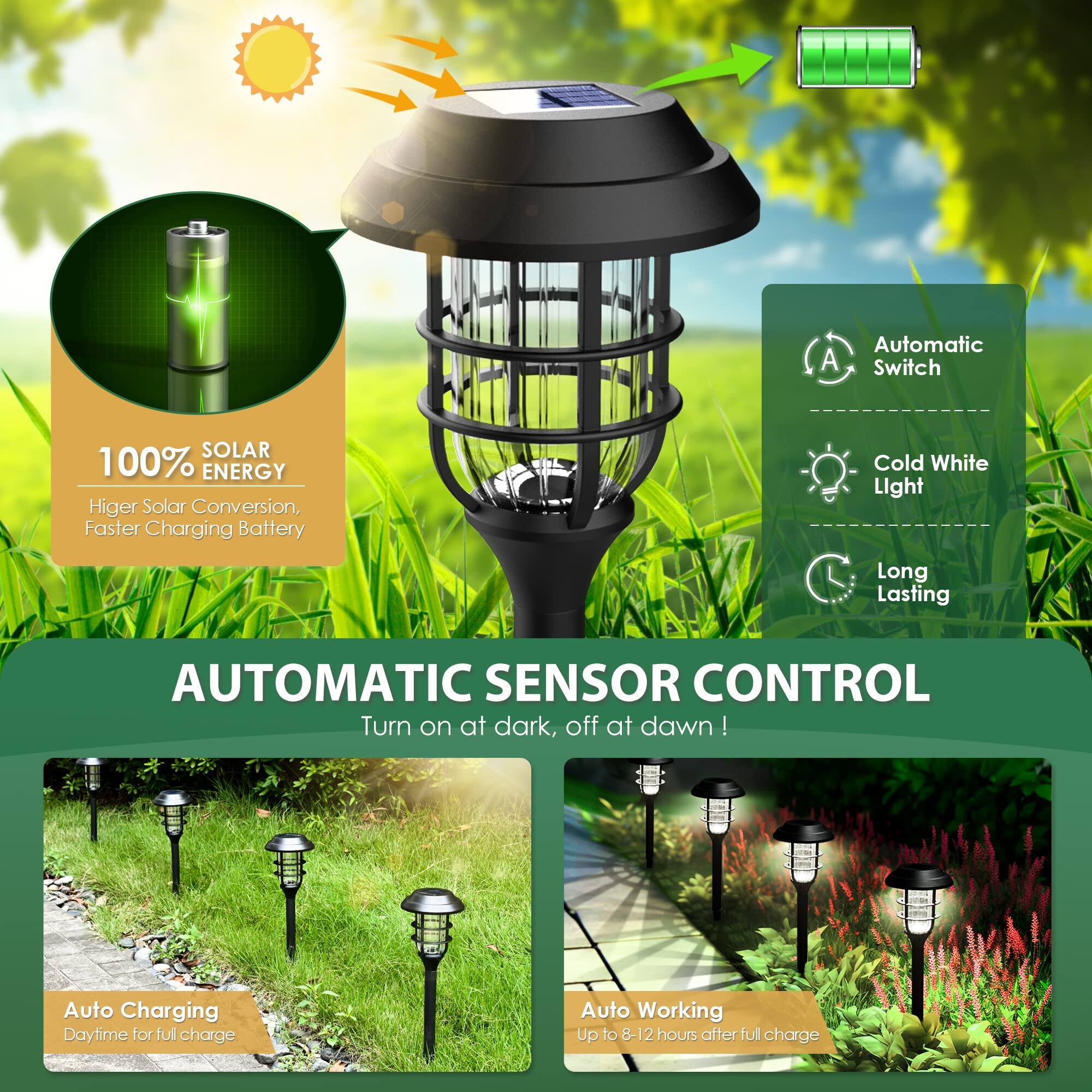 Automatic A Switch SOLAR 100% ENERGY  
Higher Solar Conversion, Faster Charging Battery  
Cold White Light  
Long Lasting  

AUTOMATIC SENSOR CONTROL  
Turn on at dark, off at dawn!  

Auto Charging  
Daytime for full charge  

Auto Working  
Up to 8-12 hours after full charge