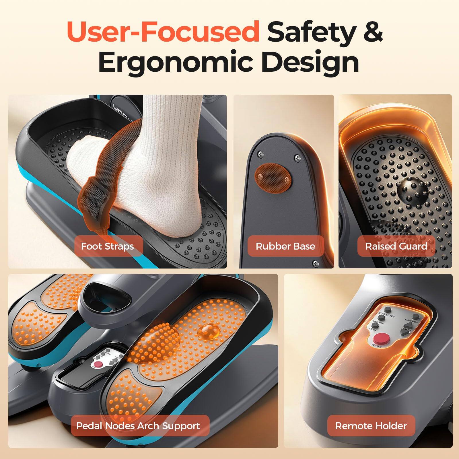 User-Focused Safety & Ergonomic Design

- Foot Straps
- Rubber Base
- Raised Guard
- Pedal Nodes Arch Support
- Remote Holder
