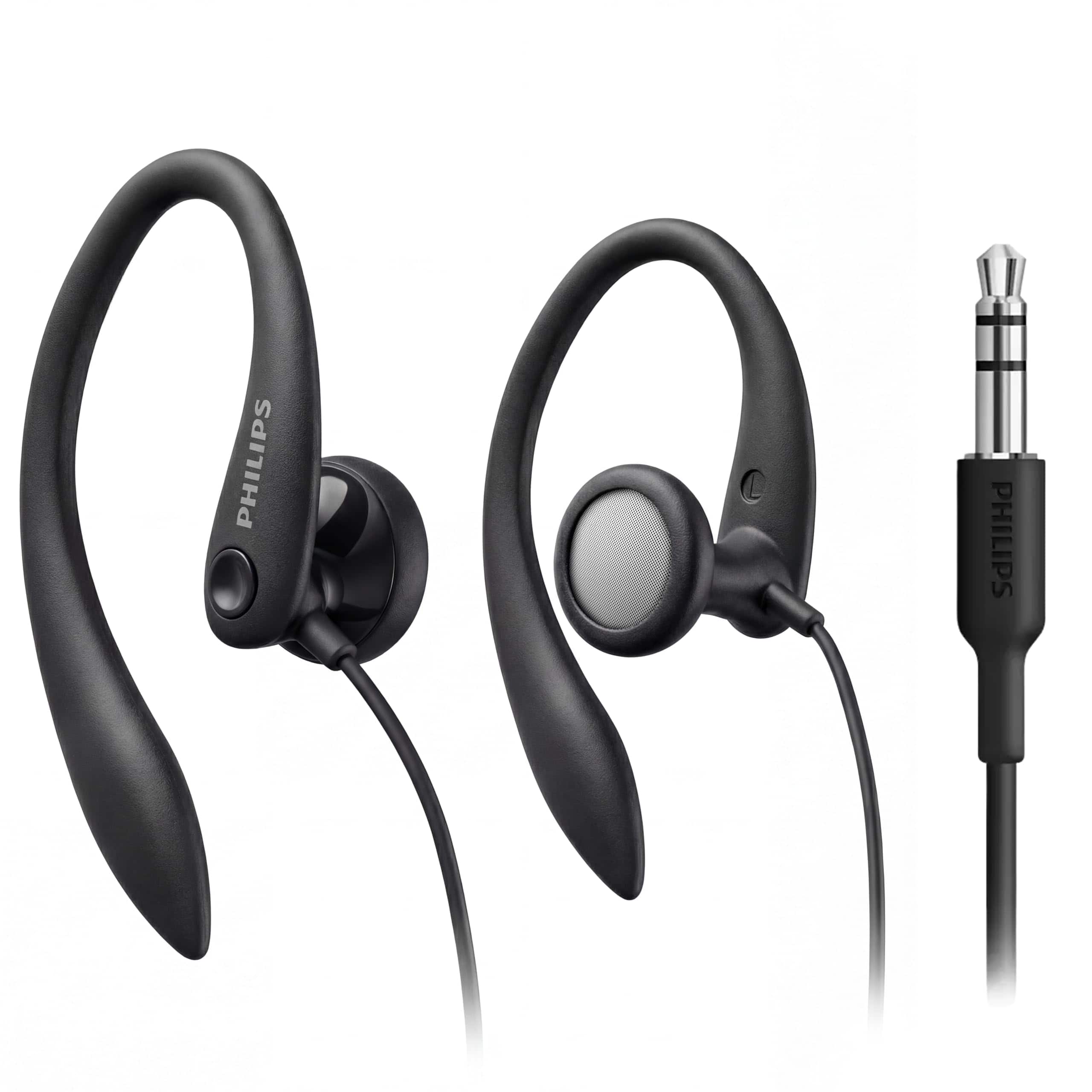 Philips - Wired Earhook Headphones, 15mm Driver, Secure Fit, 1.2m Cable, 3.5mm Jack - Black
