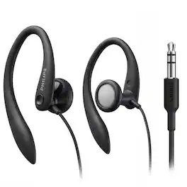 Philips - Wired Earhook Headphones, 15mm Driver, Secure Fit, 1.2m Cable, 3.5mm Jack - Black