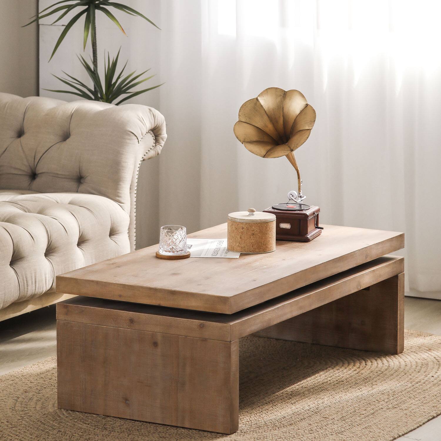 Alt View 2. Lirago - 48" Modern Industrial Coffee Table Two-Tone Wood with Wood Thick Design Floating Top Design Living Room Center Table - Brown.