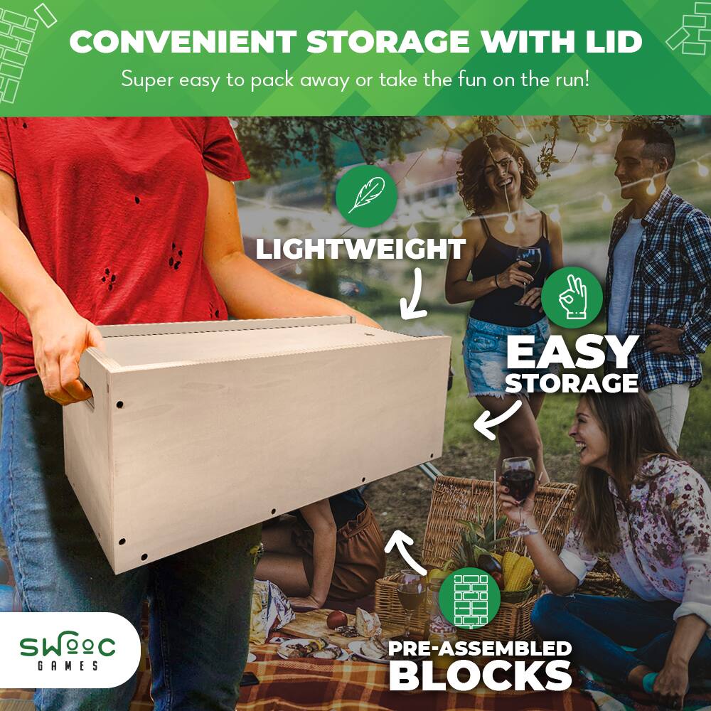 CONVENIENT STORAGE WITH LID  
Super easy to pack away or take the fun on the run!  

LIGHTWEIGHT  
EASY STORAGE  

PRE-ASSEMBLED BLOCKS  

SWC GAMES