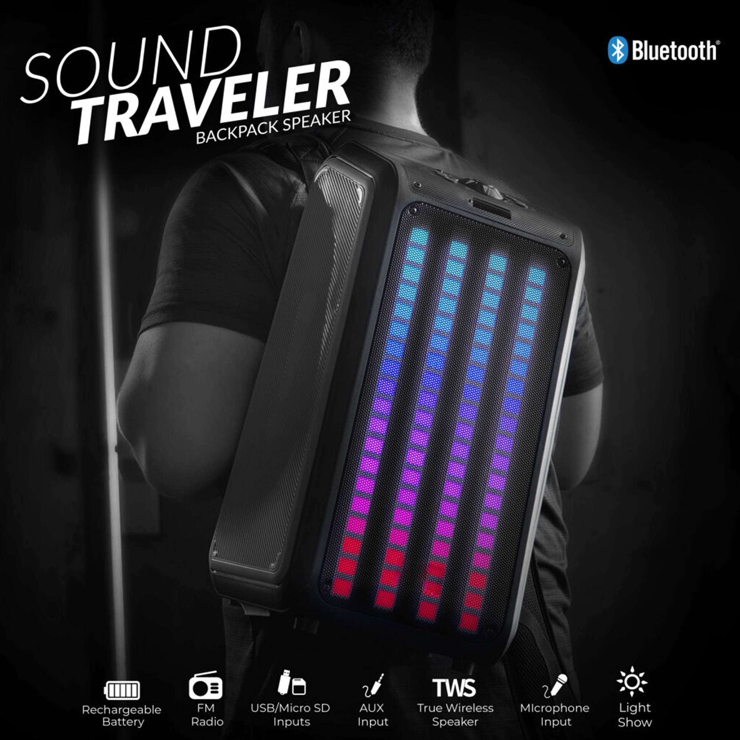 SOUND TRAVELER BACKPACK SPEAKER

Bluetooth

Rechargeable Battery

FM Radio

USB/Micro SD Inputs

2 AUX Input

TWS True Wireless Speaker

Microphone Input

Light Show