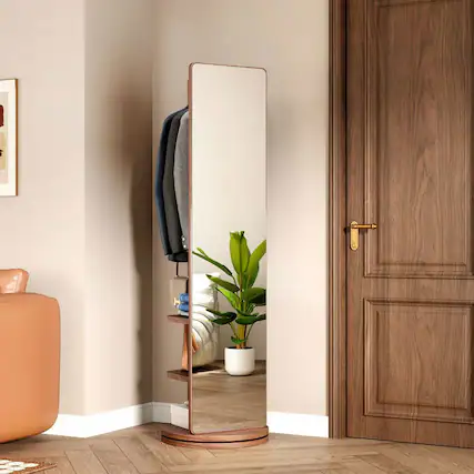Front. Kadyn - 69"x16" 360° Rotating Multifunctional Mirror, Solid Wood Mirror with Hook Storage & Coat Rack for Bedroom/Cloakroom.