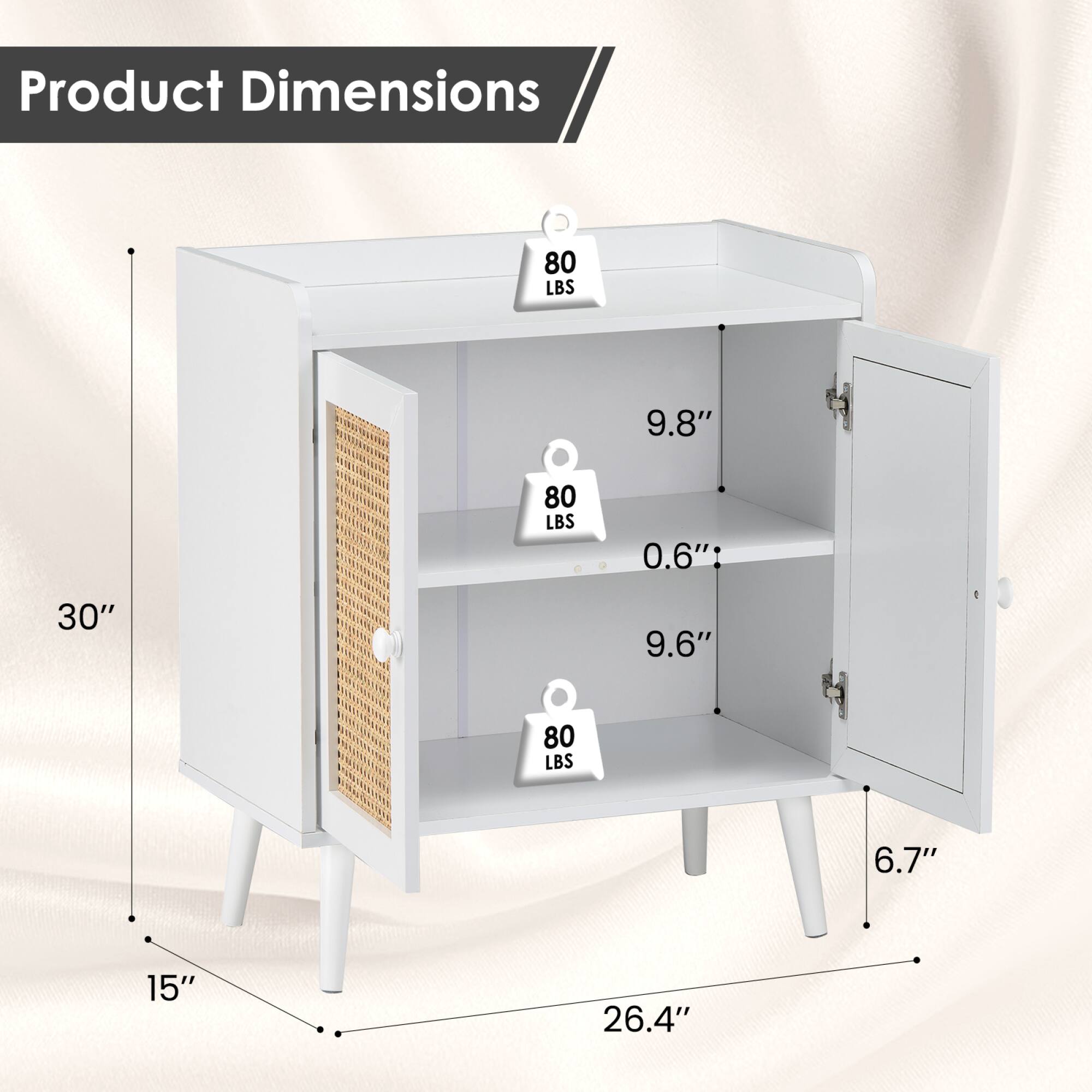 Product Dimensions  
80 LBS  
9.8"  
80 LBS  
0.6"  
30"  
9.6"  
80 LBS  
6.7"  
15"  
26.4"