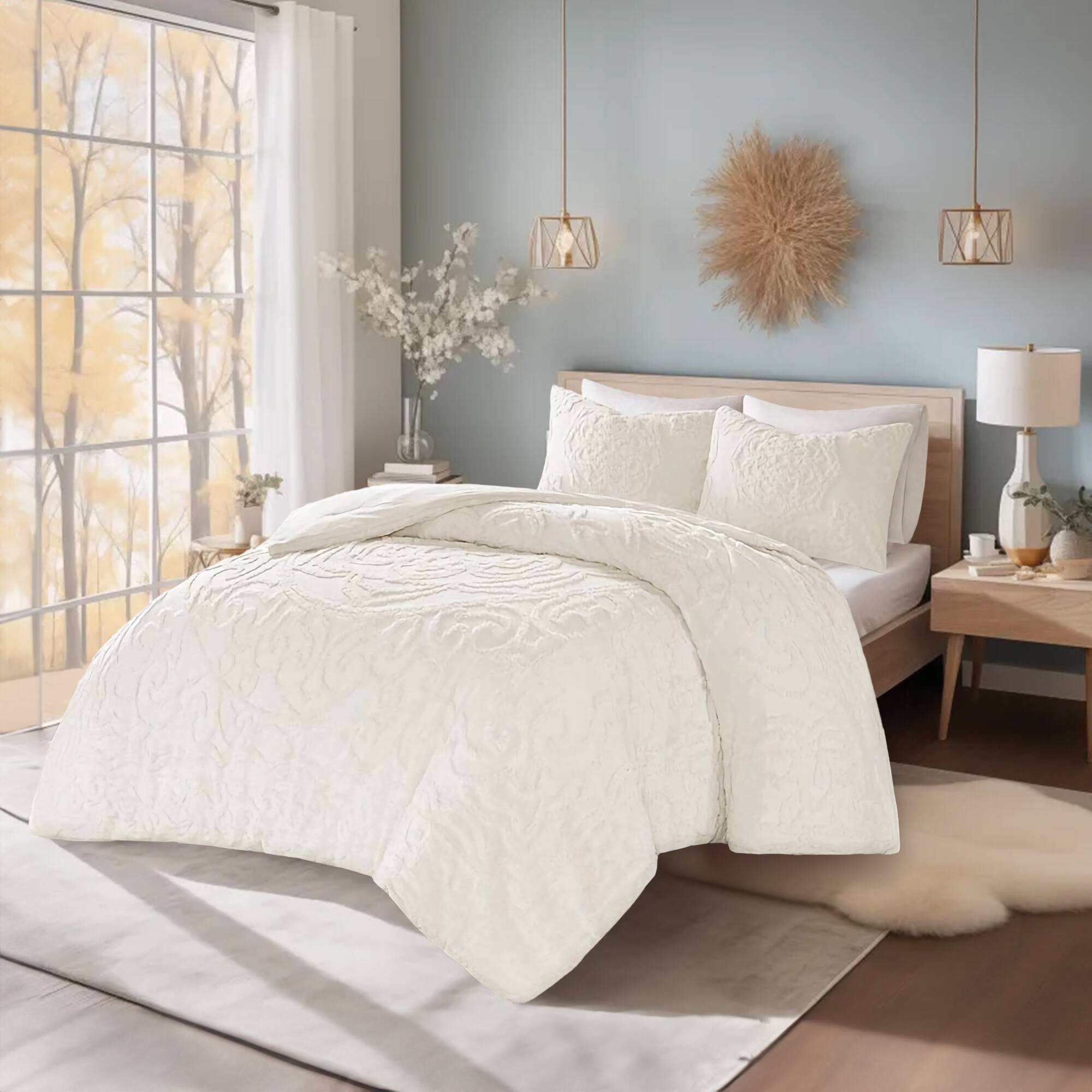 Alt View 1. Gracie Mills - Gracie Mills Ray 3-Piece Boho-Inspired Tufted Cotton Chenille Medallion Comforter Set - Off-White.