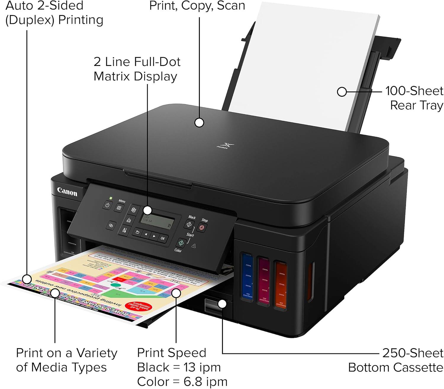 Auto 2-Sided (Duplex) Printing  
Print, Copy, Scan  
2 Line Full-Dot Matrix Display  
100-Sheet Rear Tray  
Canon Mew Scry b 9 5 * Black 2 Start DE 5 Color Staph UPO A 20 aIA CLOid BussAN nho TR101  
Print on a Variety of Media Types  
Print Speed: Black = 13 ipm, Color = 6.8 ipm  
250-Sheet Bottom Cassette
