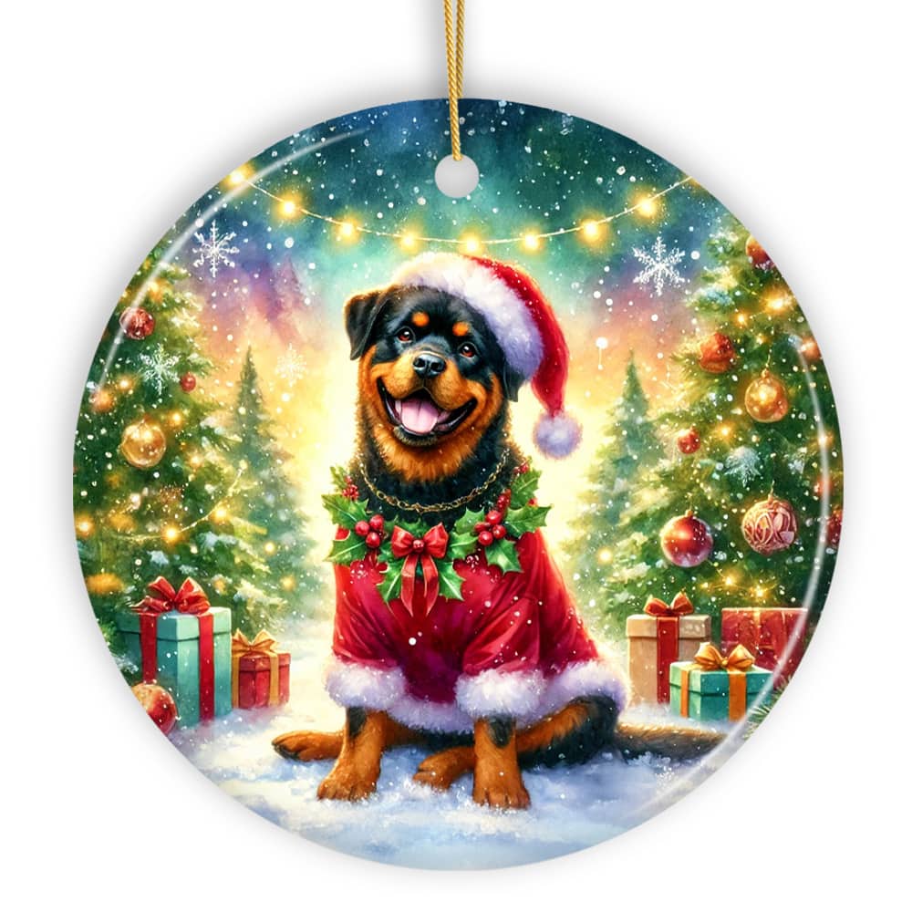 OrnamentallyYou - Charming Rottweiler in Festive Attire Ornament Heartwarming Dog-Themed Christmas Gift Decor Circle - Multi-colored