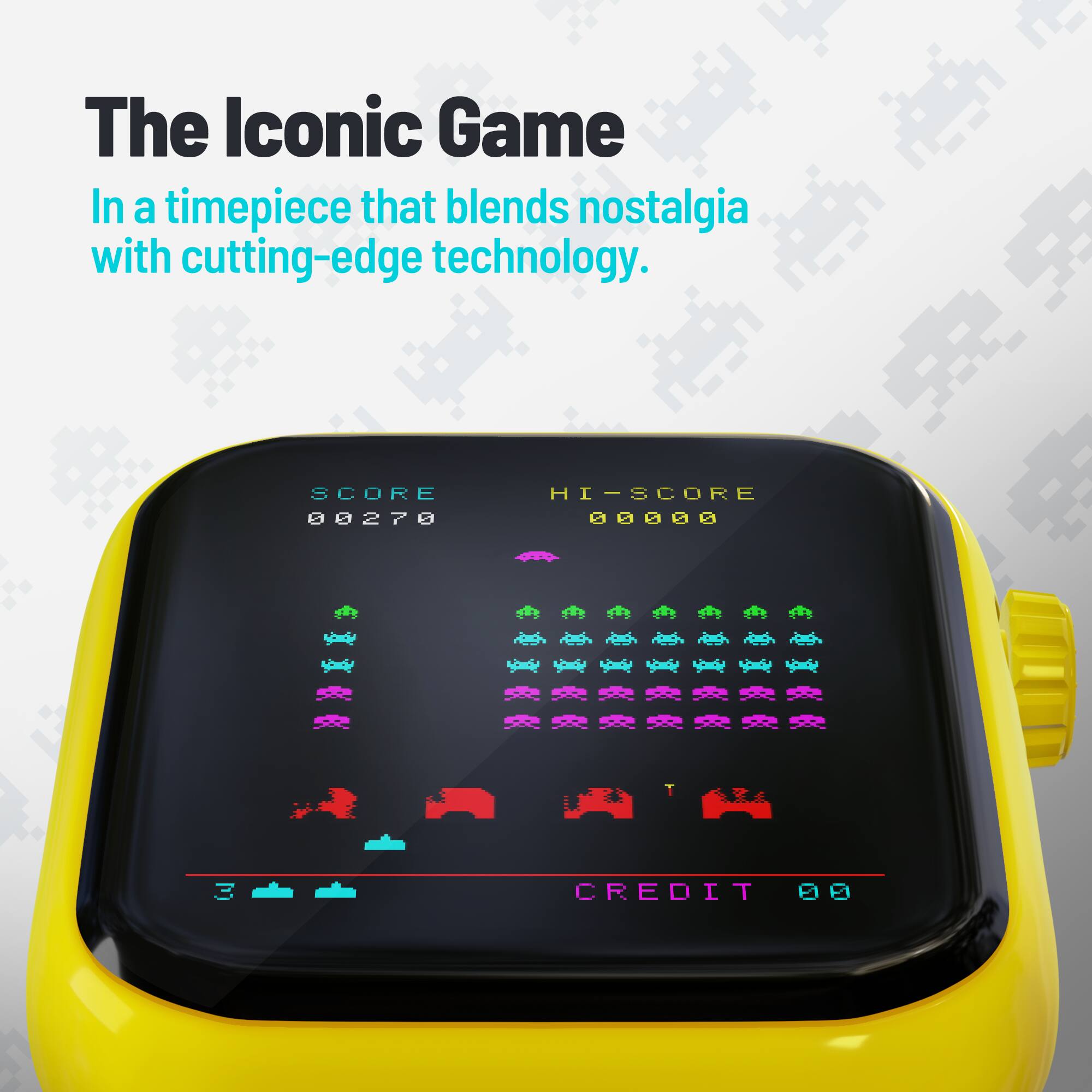 The Iconic Game  
In a timepiece that blends nostalgia with cutting-edge technology.  

SCORE 00270  
HI-SCORE 00000  
CREDIT 00